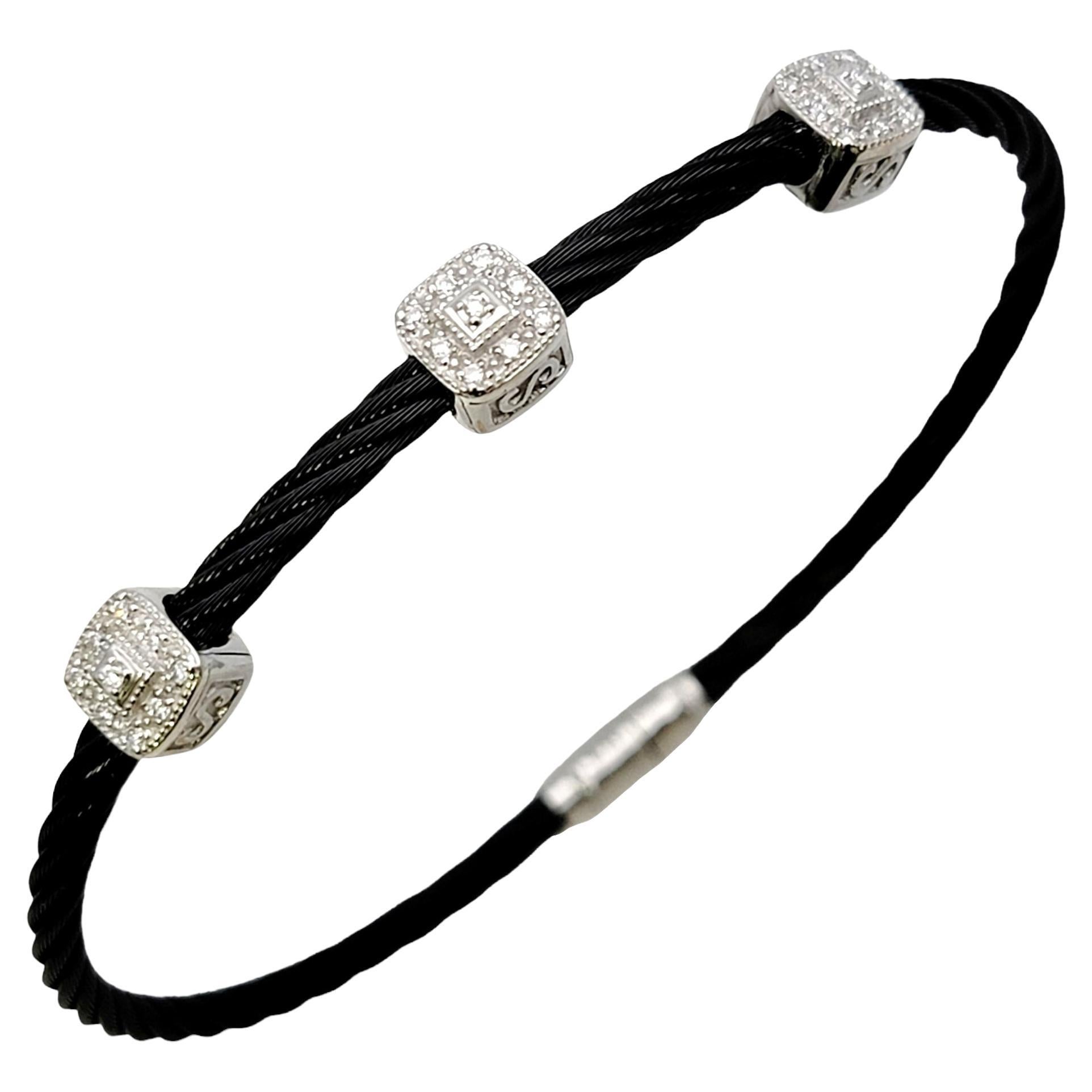 Charriol Diamond Station Bracelet 18 Karat White Gold and Black Stainless Steel