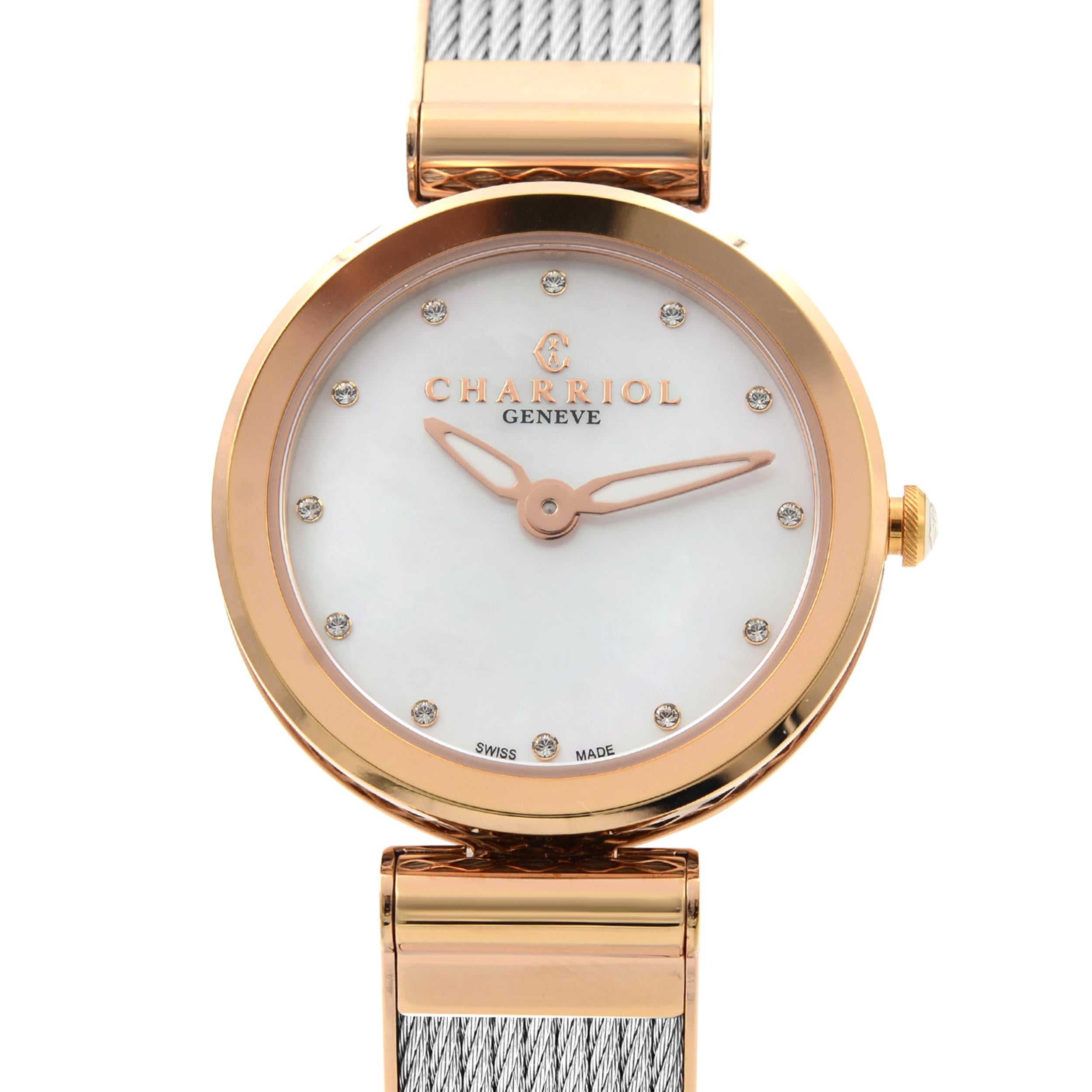 Pre- Owned Charriol Forever Crystal White MOP Dial Steel Ladies Quartz Watch FE32.102.005. This Beautiful Timepiece Features: Rose gold-tone stainless steel case with a Rose Gold-Tone Stainless Steel Bracelet with a Chevron Cable Inlay. Fixed Rose