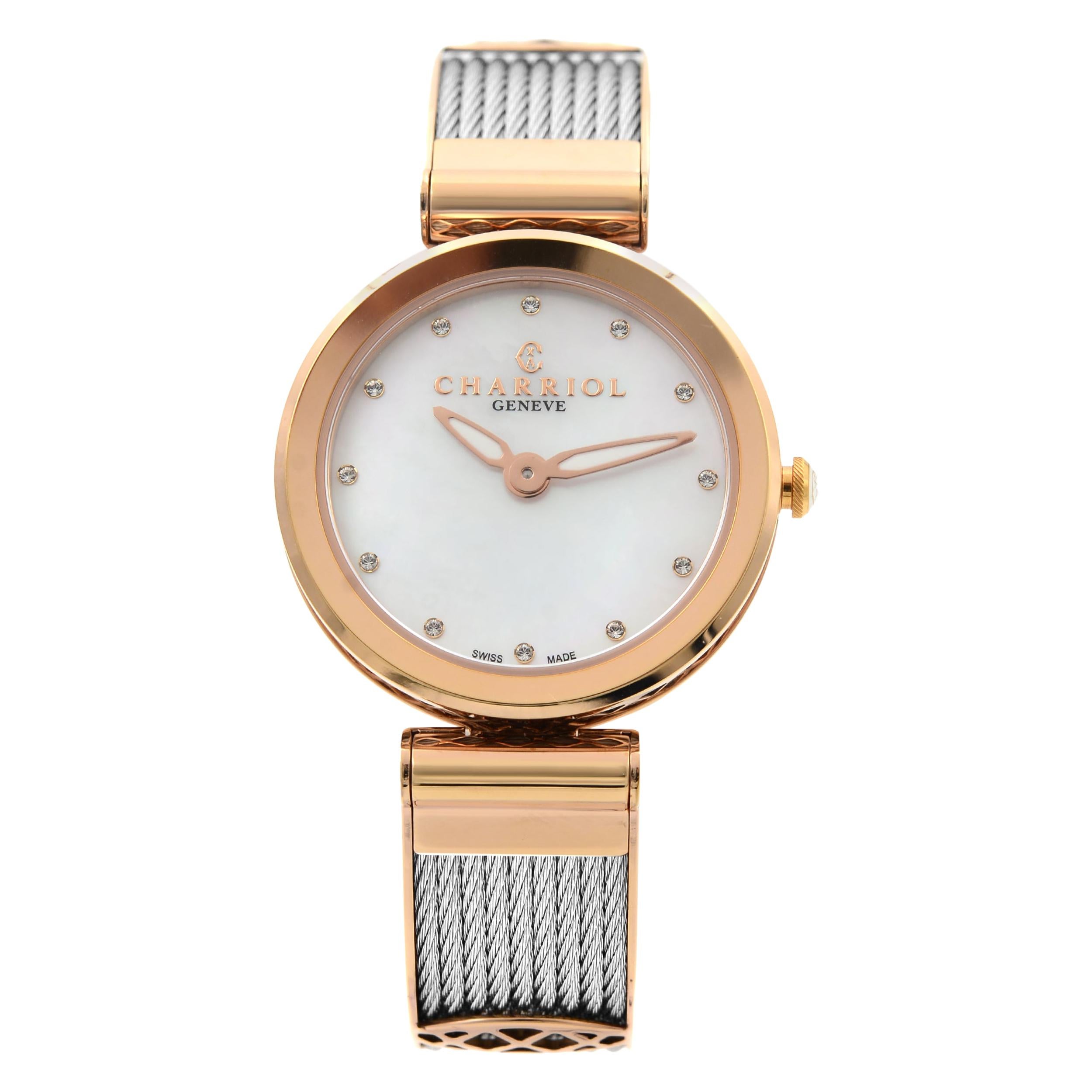 Charriol Forever Crystal White MOP Dial Steel Ladies Quartz Watch FE32.102.005 For Sale