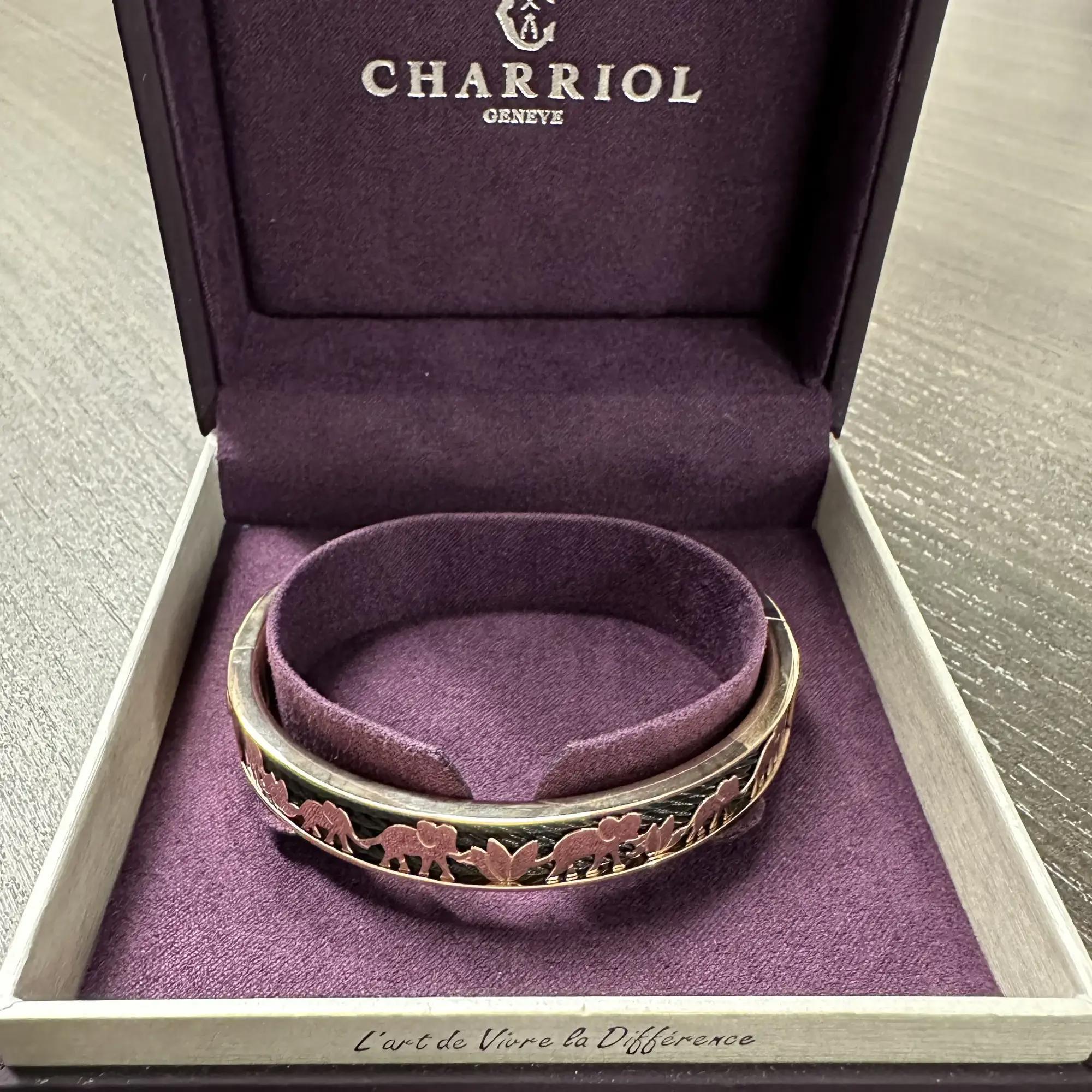 Symbolic and ethical, this beautiful Charriol Forever Animal bangle features elephant motifs throughout the bangle with a black PVD plated steel cable insert. Crafted in rose gold PVD plated stainless steel. Bangle size: Large. Width: 10.15mm. Total