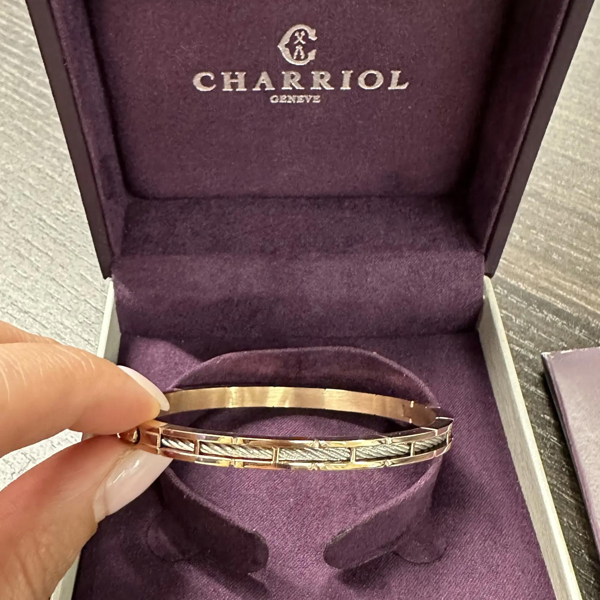 This simple yet timeless Charriol Forever Slim Svart bangle bracelet is crafted in stainless steel with rose gold PVD plating. It features, a slim bangle with a steel cable wire insert. Bangle Size: Large. Width: 4.8mm. Total weight: 17.90 grams.