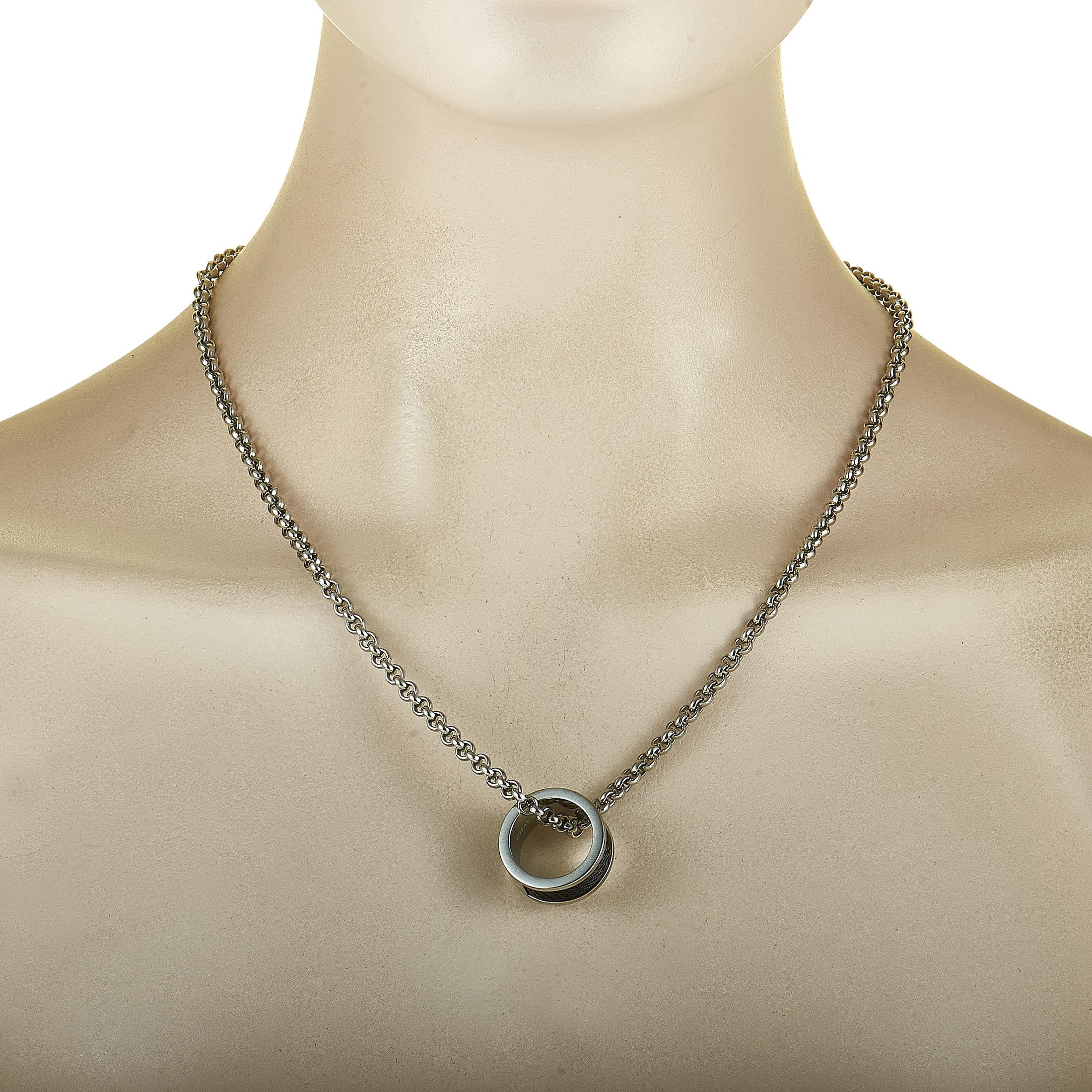 The Charriol “Forever” necklace is presented with a 20” stainless steel chain and a black PVD-plated stainless steel pendant that can also be worn as a ring. The pendant measures 0.87” in length and 0.87” in width and boasts band thickness of 10 mm.