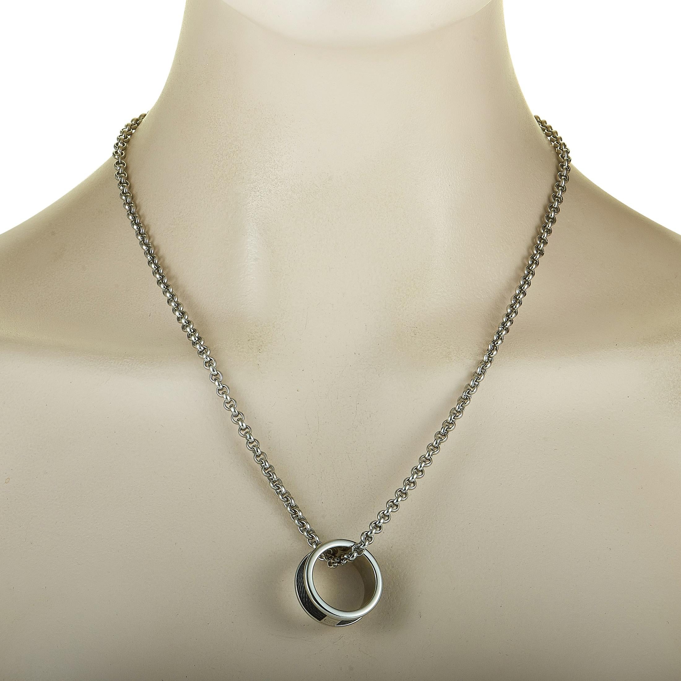 The Charriol “Forever” necklace is presented with a 22” stainless steel chain and a black PVD-plated stainless steel pendant that can also be worn as a ring. The pendant measures 0.90” in length and 0.90” in width and boasts band thickness of 9 mm.