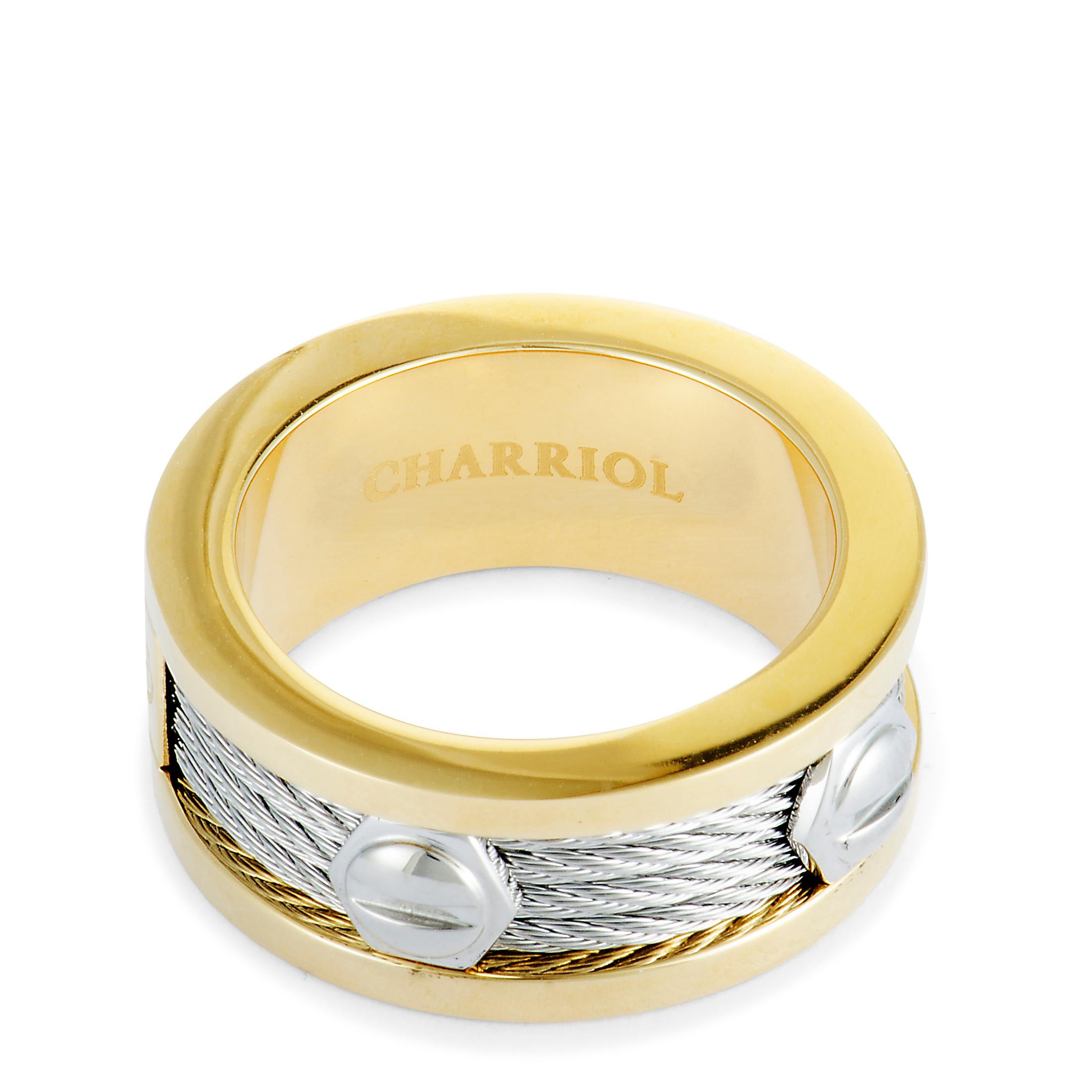 Charriol Forever Stainless Steel and Yellow PVD Screws Cable Band Ring In New Condition In Southampton, PA