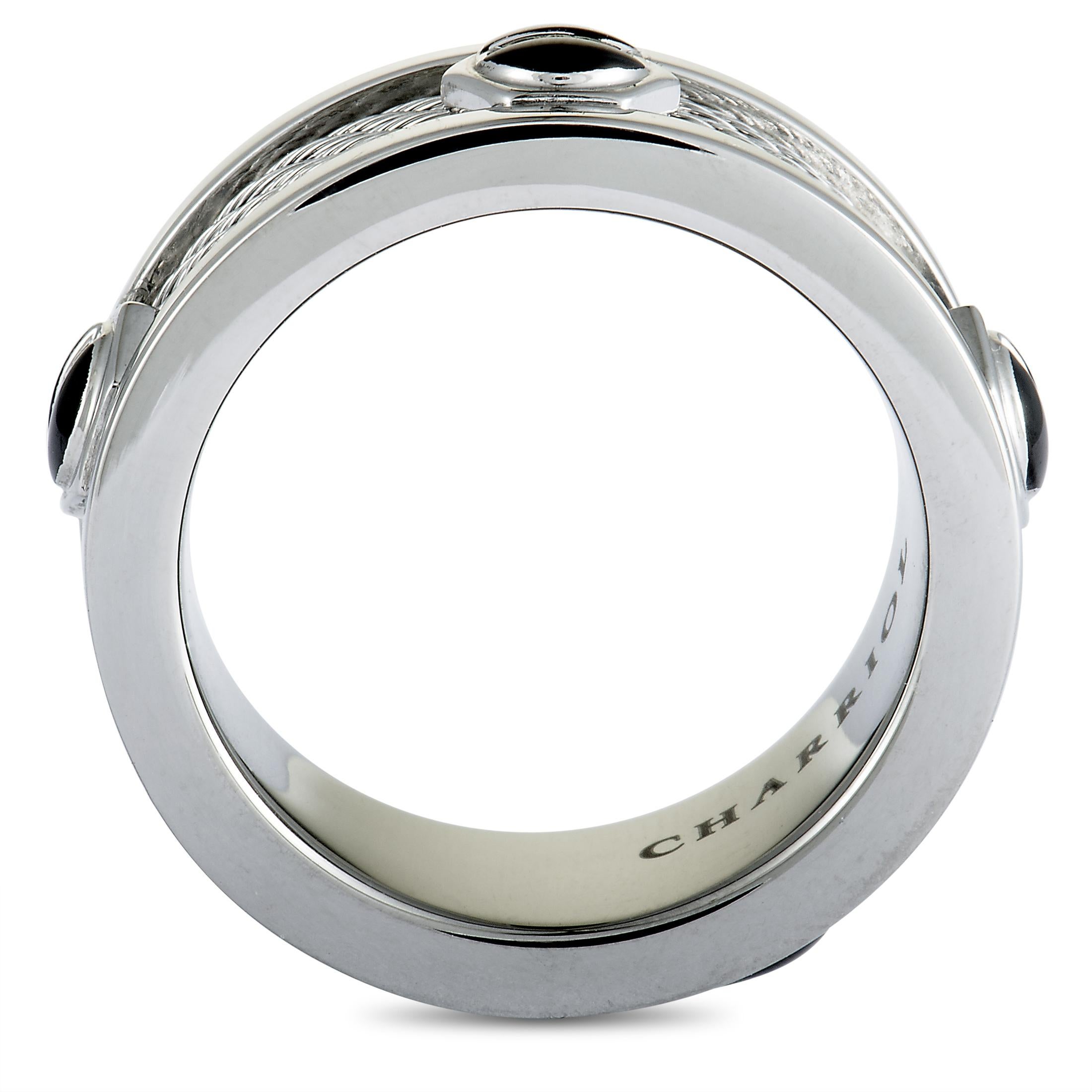 This superb “Forever” ring from Charriol is an exceptional fusion of striking black PVD-coated screw motifs and the brand’s famous cable motif, and it offers an attractively offbeat look. The ring is made of stainless steel and it weighs 12.5 grams.
