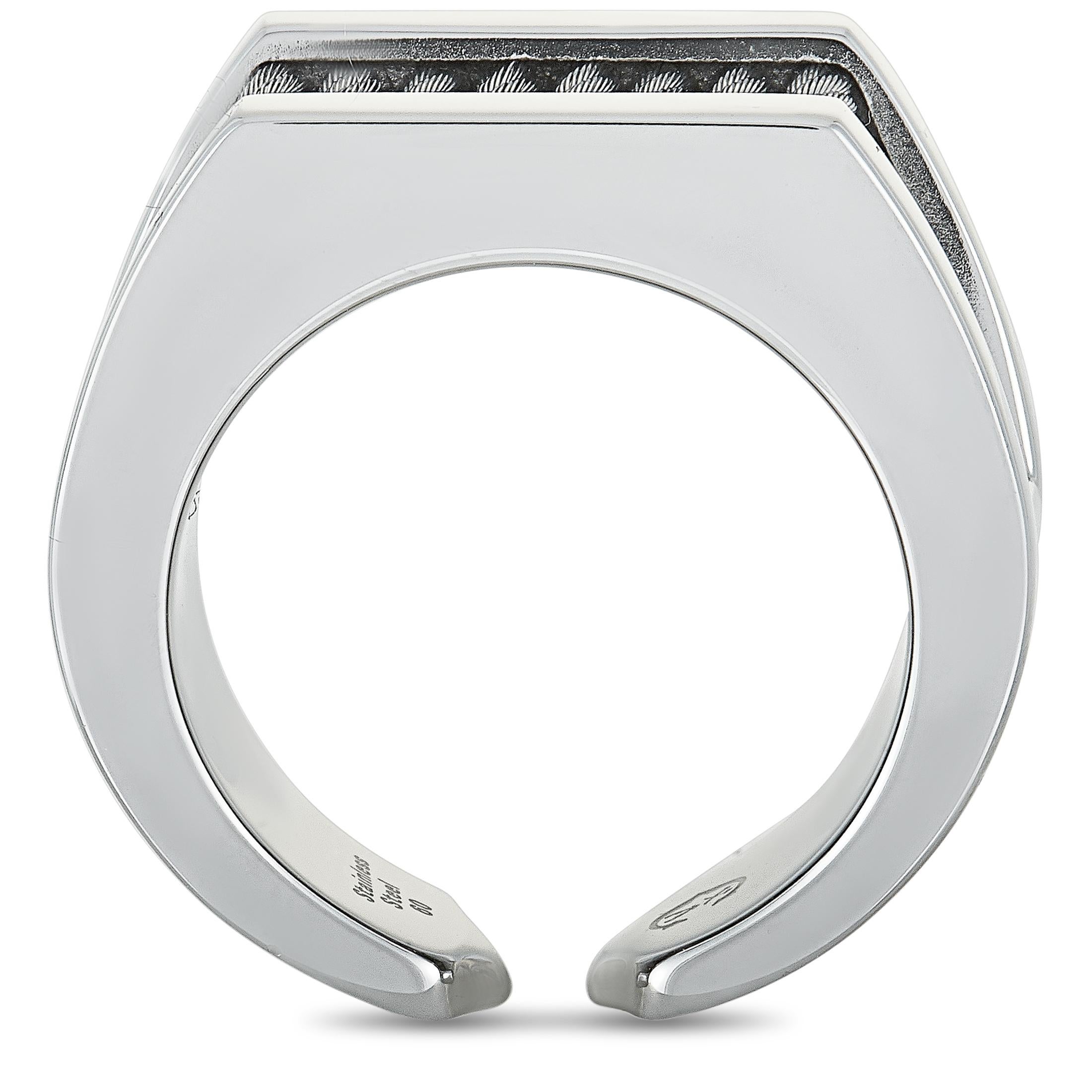 The Charriol “Forever” ring is crafted from stainless steel and weighs 14.8 grams. The ring boasts band thickness of 6 mm and top height of 5 mm, while top dimensions measure 25 by 14 mm.
Ring Size: 9

This item is offered in brand new condition and