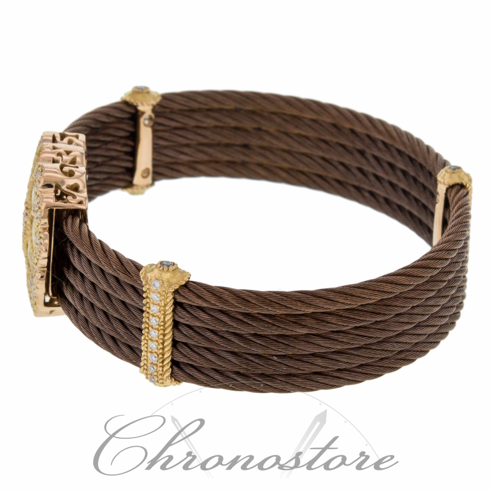 Modern Charriol Gold Brown Petra and Diamond Cluster Celtic Cable Bangle Bracelet