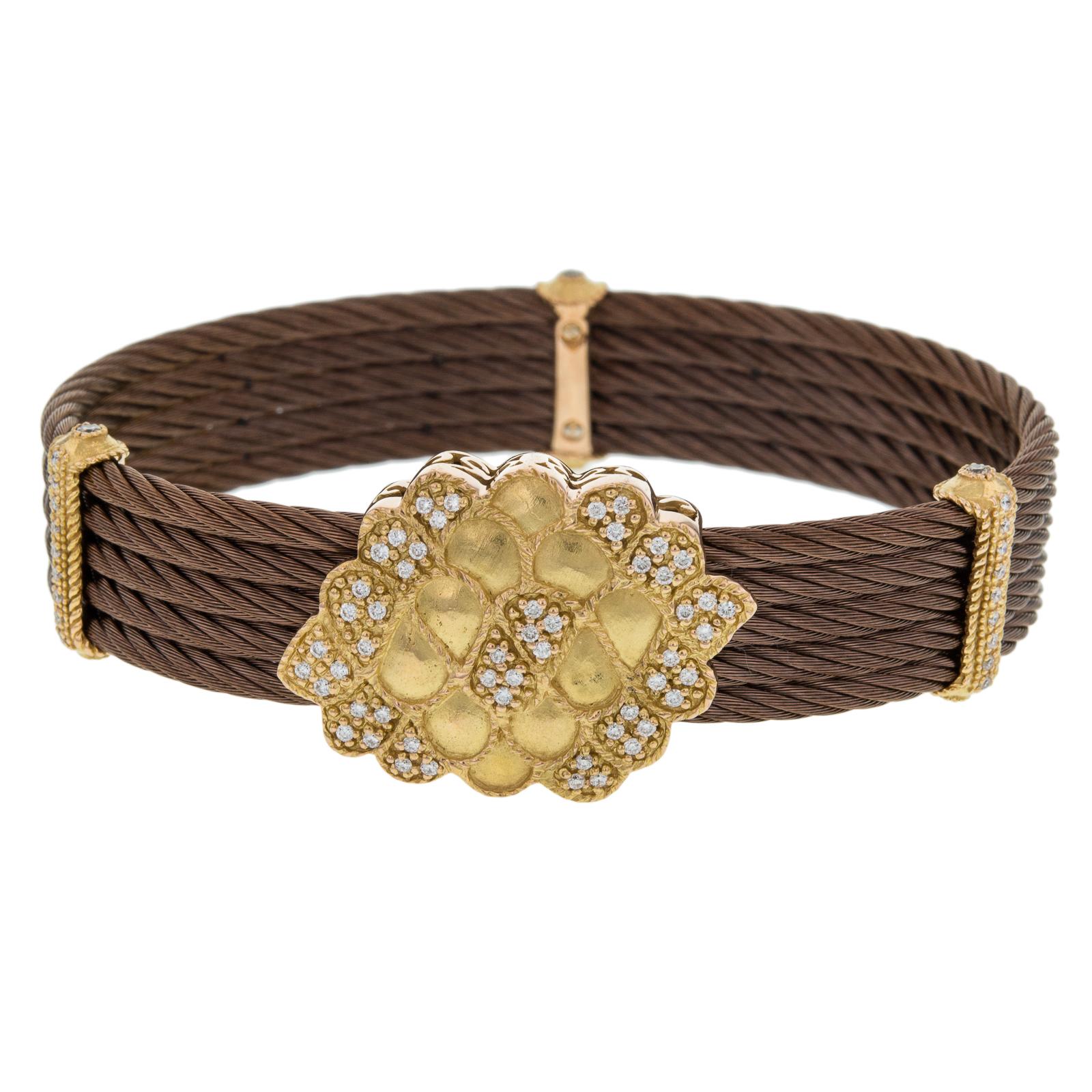 Charriol Gold Brown Petra and Diamond Cluster Celtic Cable Bangle Bracelet In Excellent Condition In New York, NY