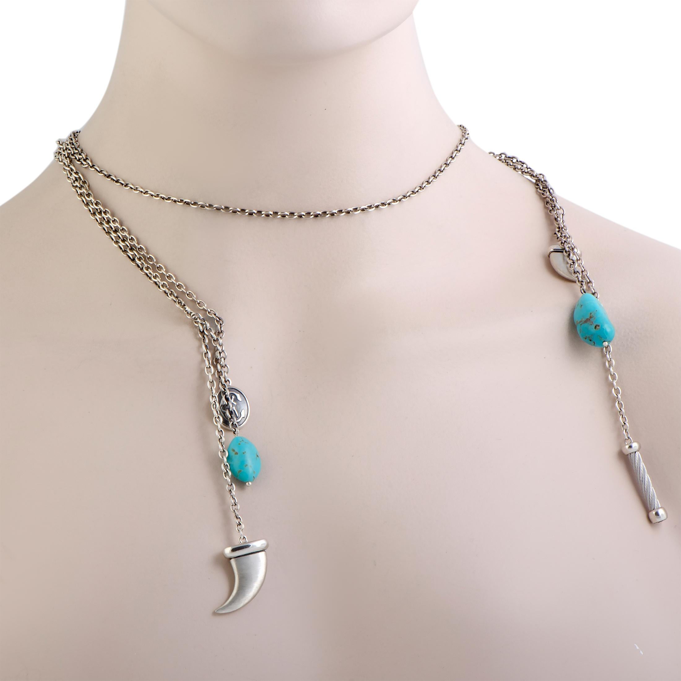 Embellished with attractive pendants and enticing turquoise stones, this extraordinarily designed “Kucha” necklace from Charriol offers an intriguingly fashionable look. The necklace is beautifully made of stainless steel and it weighs 57 grams.