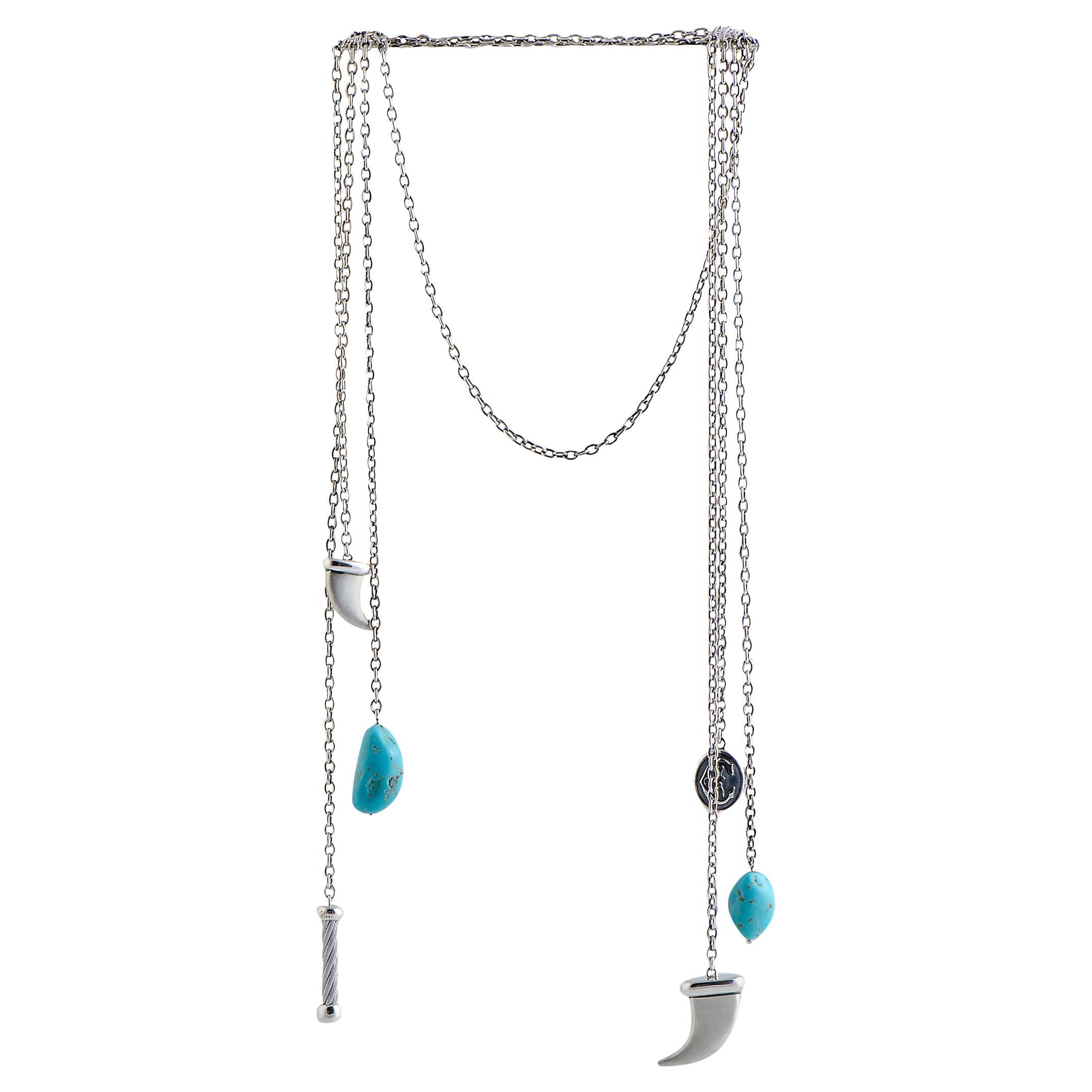Charriol Kucha Stainless Steel Two Turquoise and Horn Pendants Open End Necklace