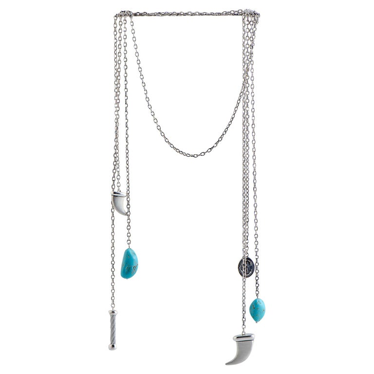Charriol Kucha Stainless Steel Two Turquoise and Horn Pendants Open End ...