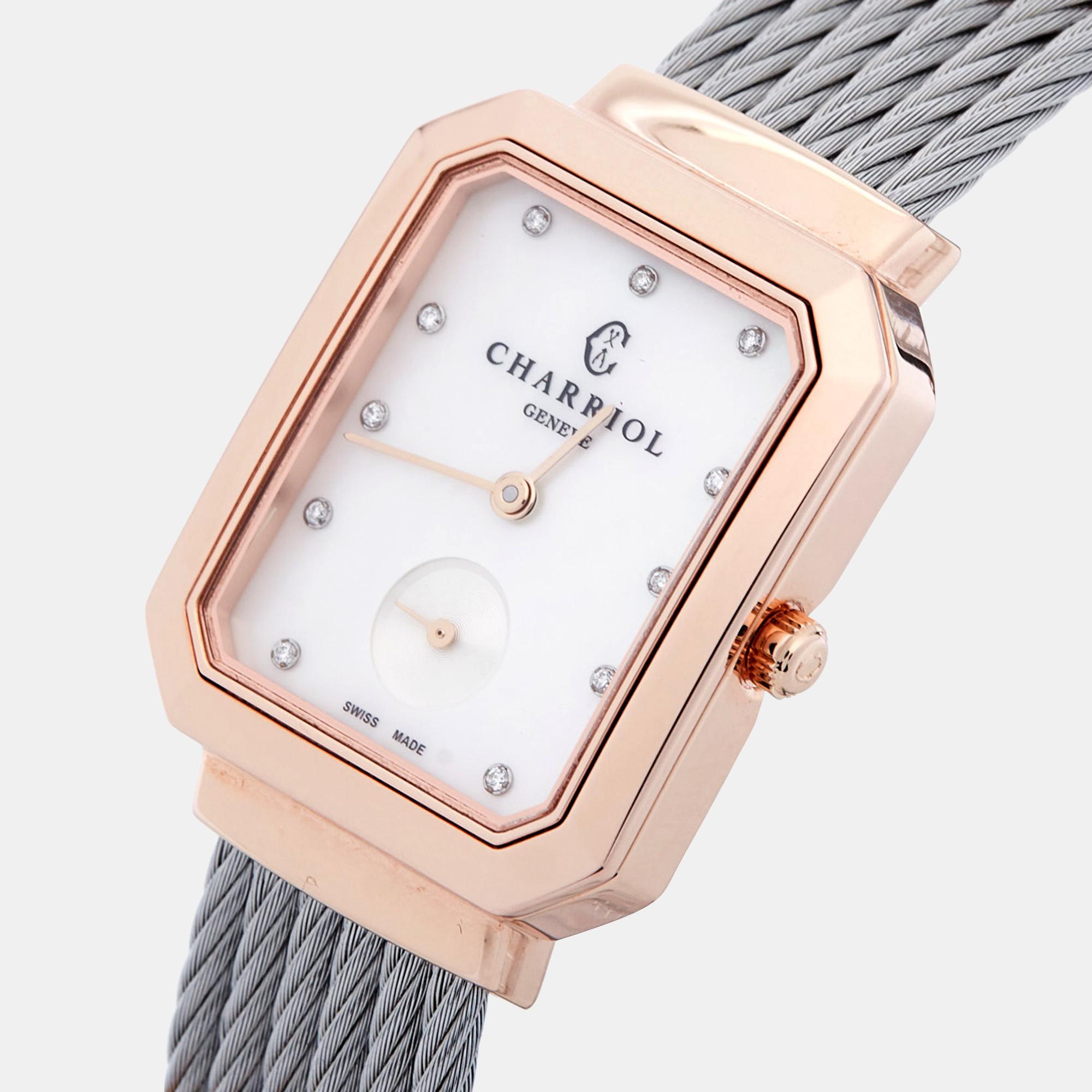The Charriol St-Tropez STREP.560.001 for women is a symphony of craftsmanship. Featuring a luminous mother of pearl dial accented by sparkling diamonds, this wristwatch combines stainless steel with subtle gold tones, capturing a timeless yet