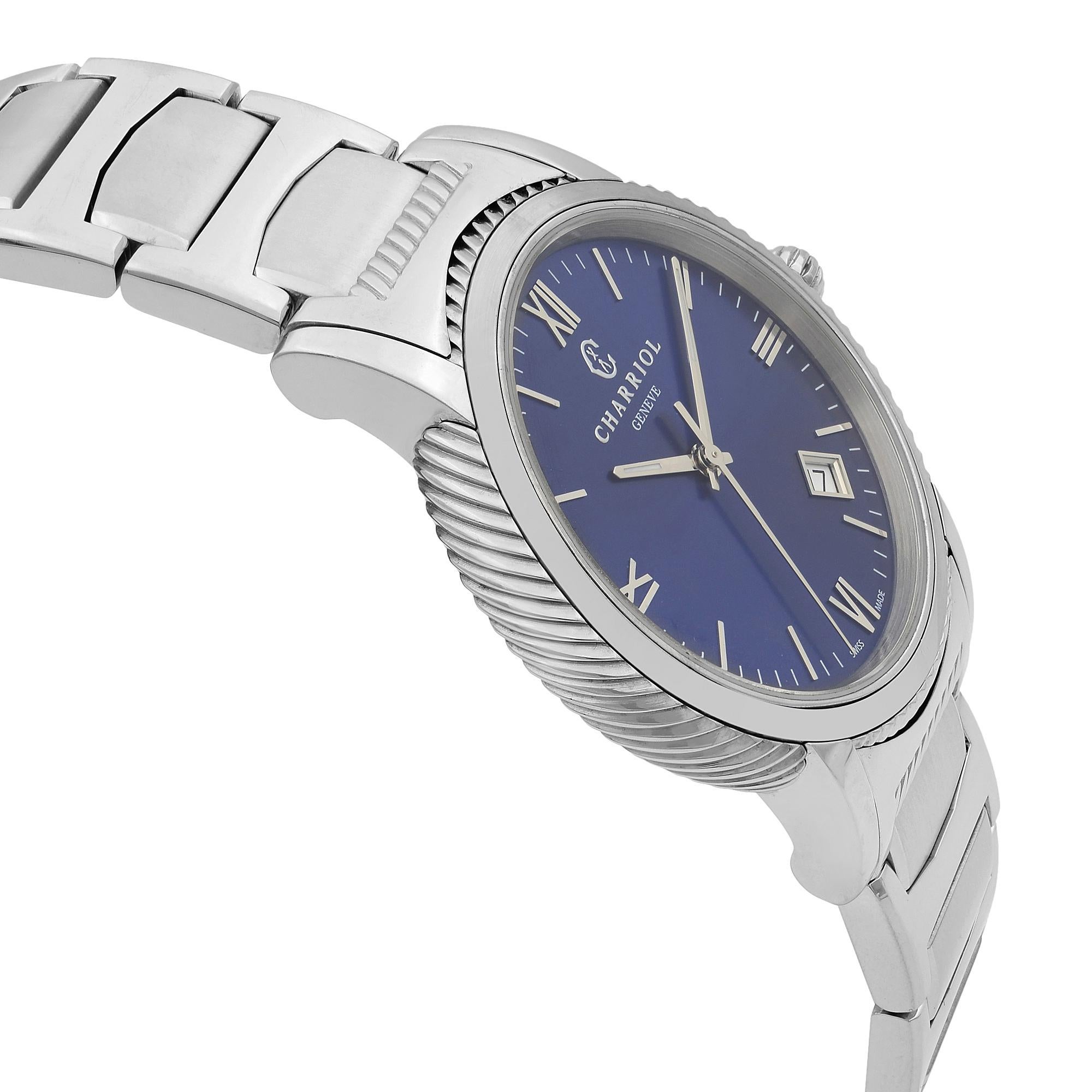 Charriol Parisii Stainless Steel Blue Dial Quartz Men's Watch P40S2.930.002 In New Condition In New York, NY