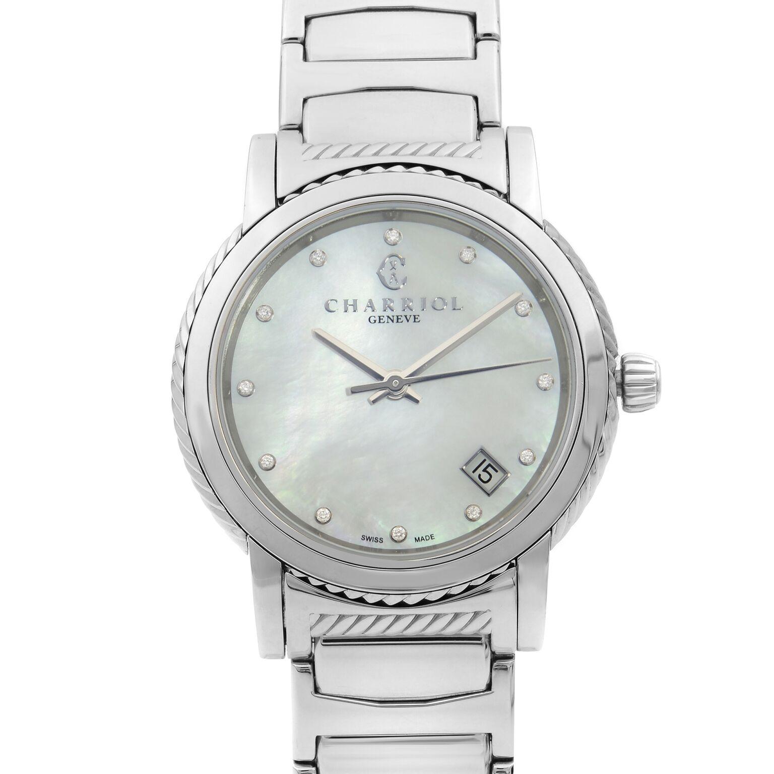 This New Without Tags Charriol Parsii P33S2.920.001 is a beautiful Ladie's timepiece that is powered by quartz (battery) movement which is cased in a stainless steel case. It has a round shape face, date indicator dial, and has hand diamonds style