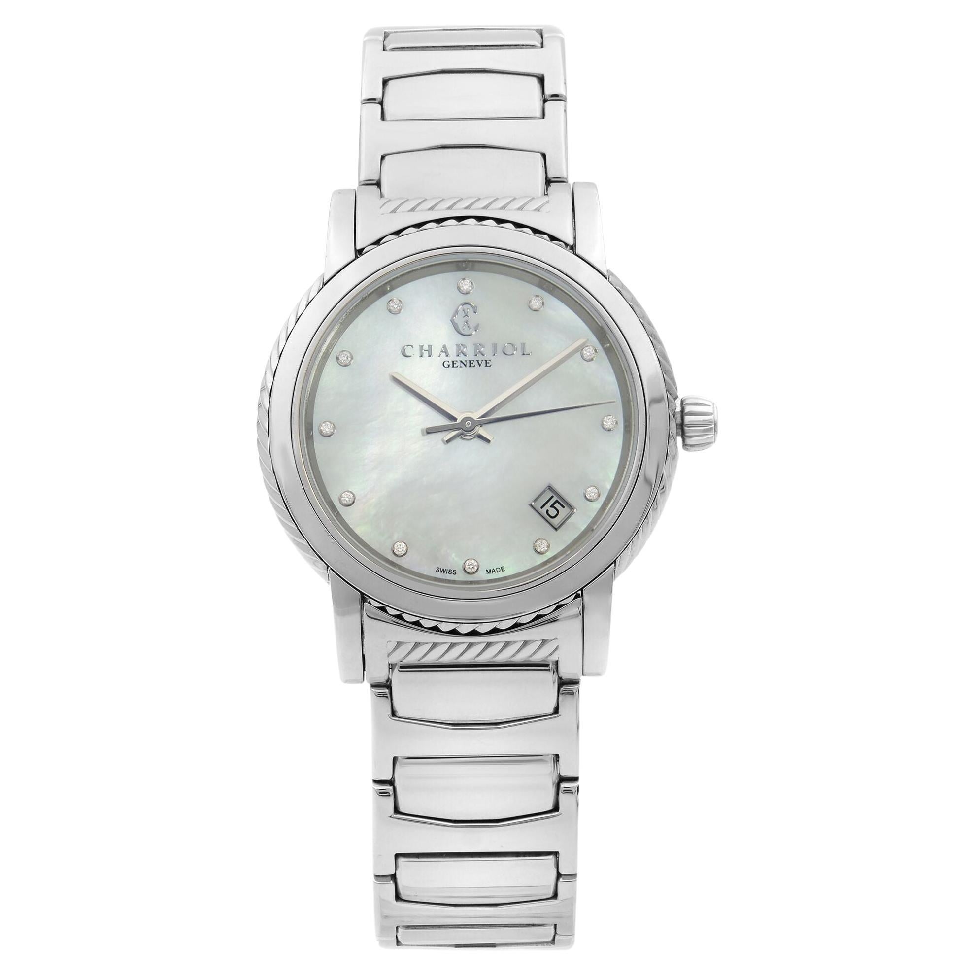 Charriol Parisii Steel Diamond White MOP Dial Quartz Ladies Watch P33S2.920.001 For Sale