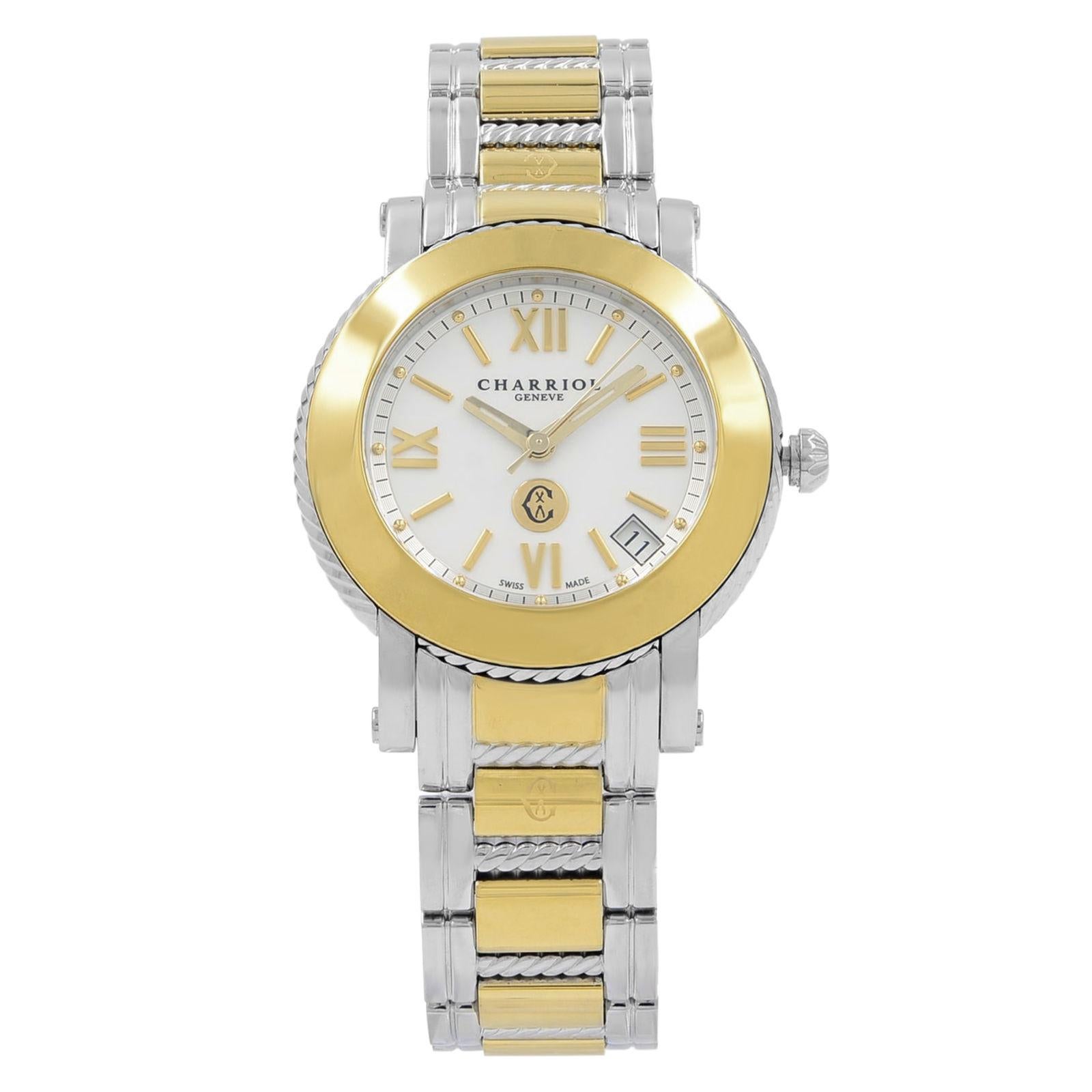 Charriol Parisii Montre pour femme avec cadran romain blanc plaqué acier et cadran à quartz P33SY1.007