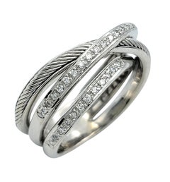 Charriol Pavé Diamond and Cable Multi Row Band Ring in 18 Karat White Gold