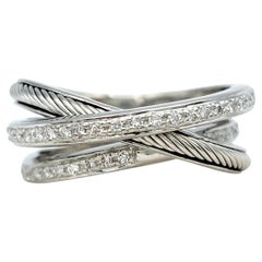 Charriol Pavé Diamond and Cable Multi Row Band Ring in 18 Karat White Gold