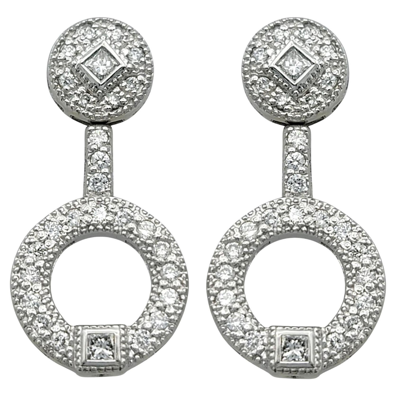 Charriol Pavé Diamond Open Circle Drop Earrings in 18 Karat White Gold For Sale