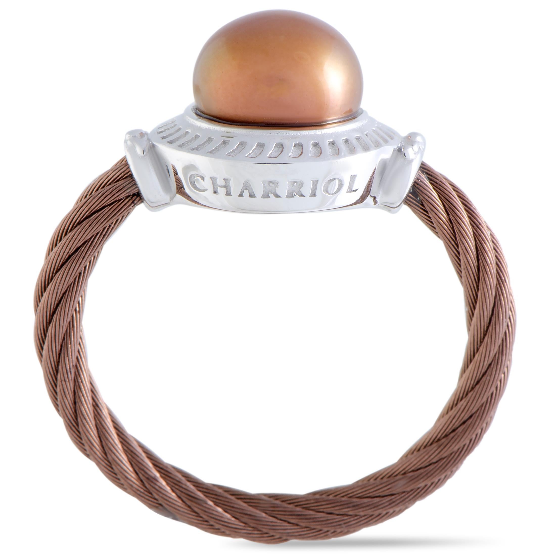 This charming “Pearl” ring presented by Charriol is a vision of sophisticated refinement with its sublime understated design and tasteful décor. The ring is made of partially bronze PVD-coated stainless steel and it is expertly set with a gorgeous