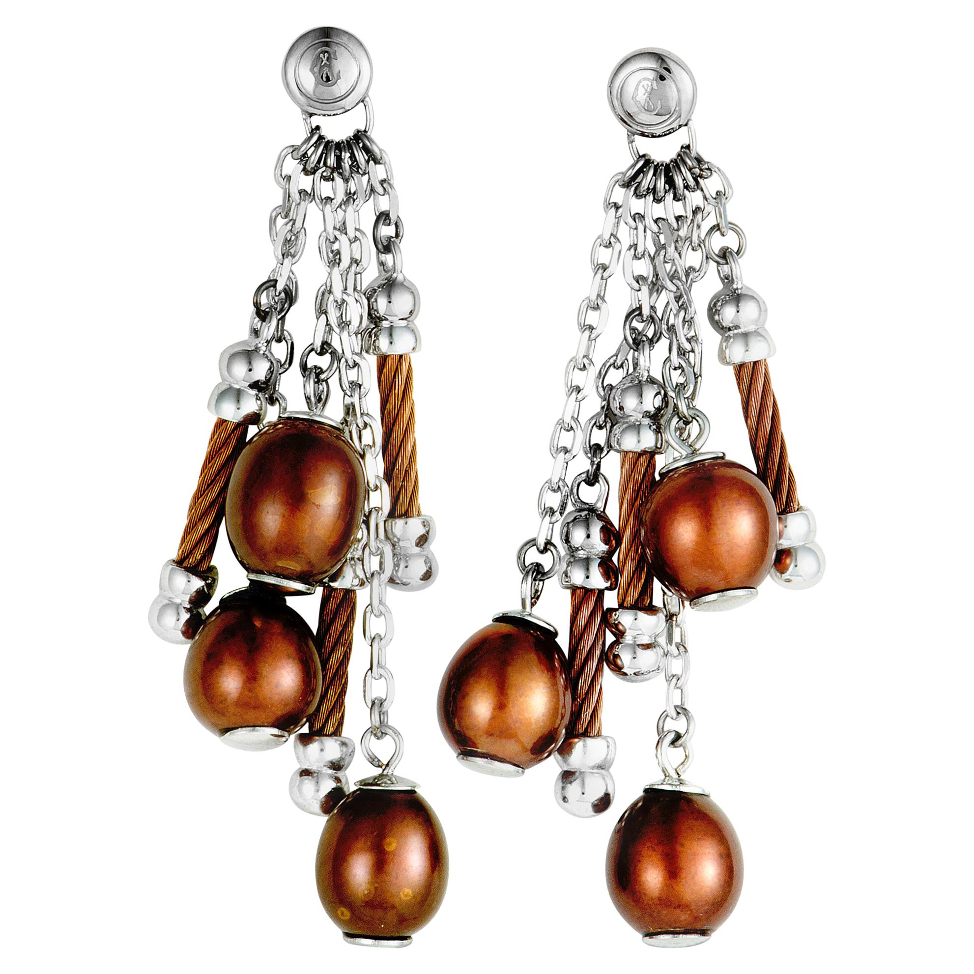 Charriol Pearl Stainless Steel and Bronze PVD Brown Pearls Dangle Earrings