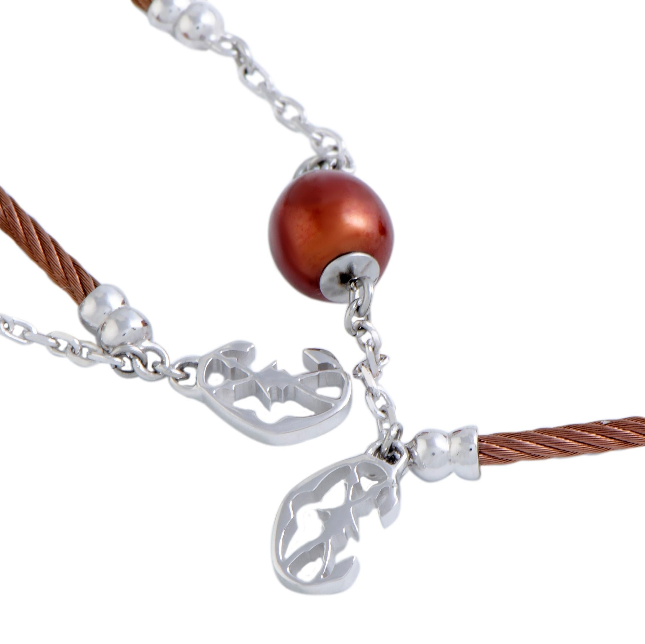 Round Cut Charriol Pearl Stainless Steel Bronze PVD Brown Pearls Long Necklace For Sale