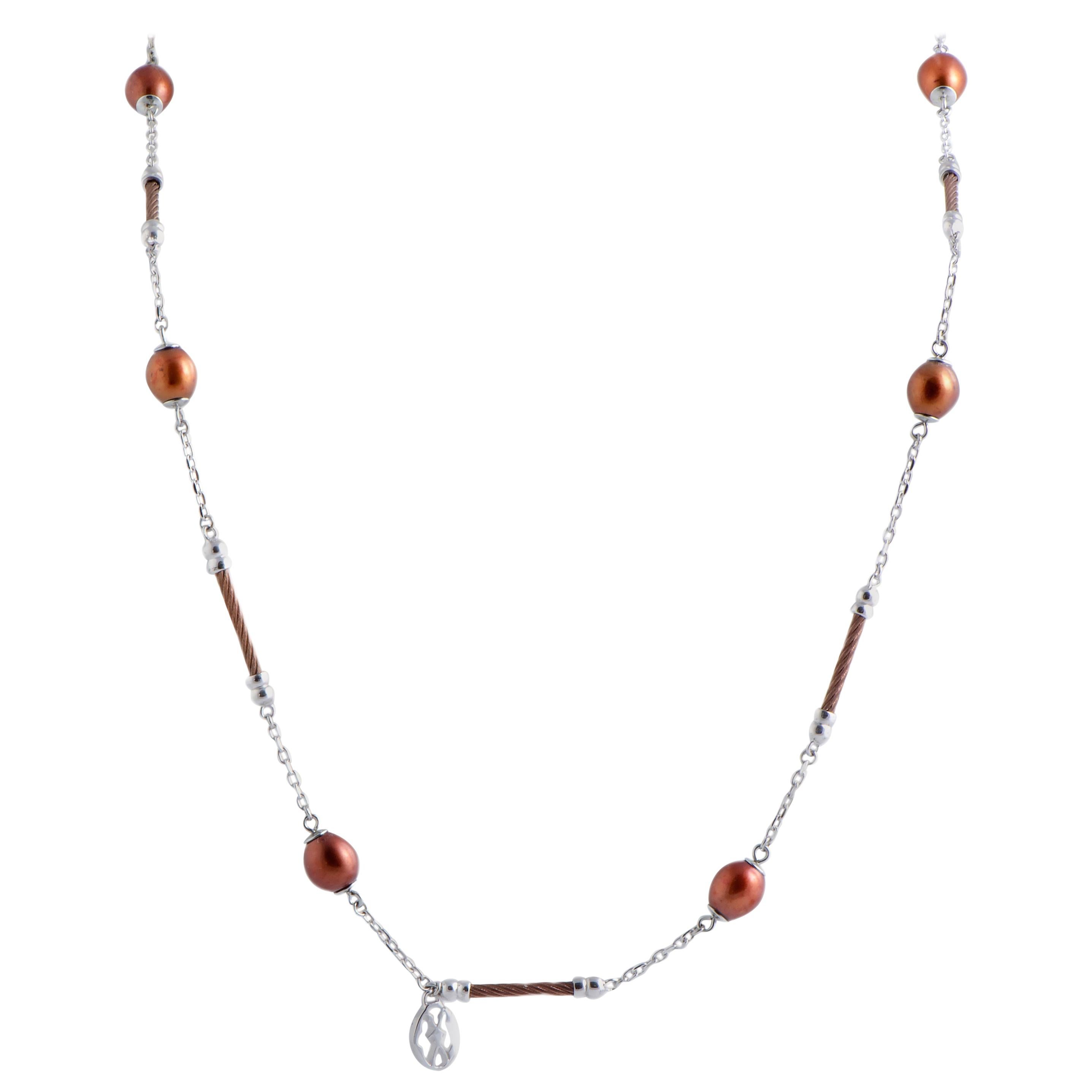 Charriol Pearl Stainless Steel Bronze PVD Brown Pearls Long Necklace For Sale