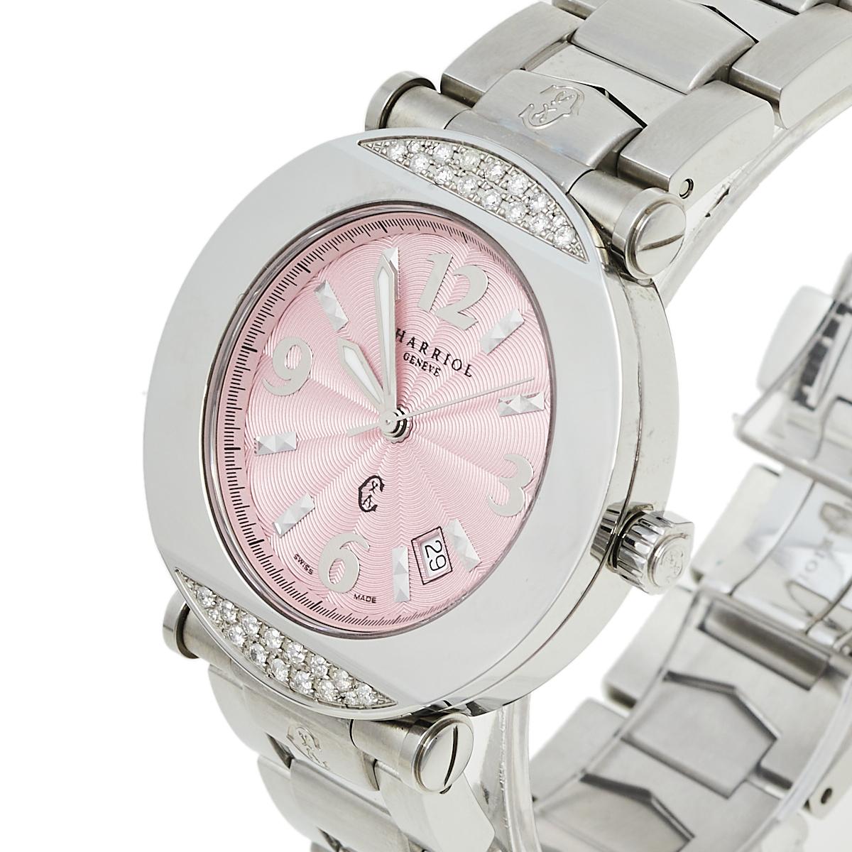 Ready to adorn your wrist with luxury is this Charriol Colvmbvs quartz wristwatch. It exhibits a round case in a 38 mm diameter and a pink dial featuring elegant markers and a date window. Diamonds on the bezel add just the right sparkle to this