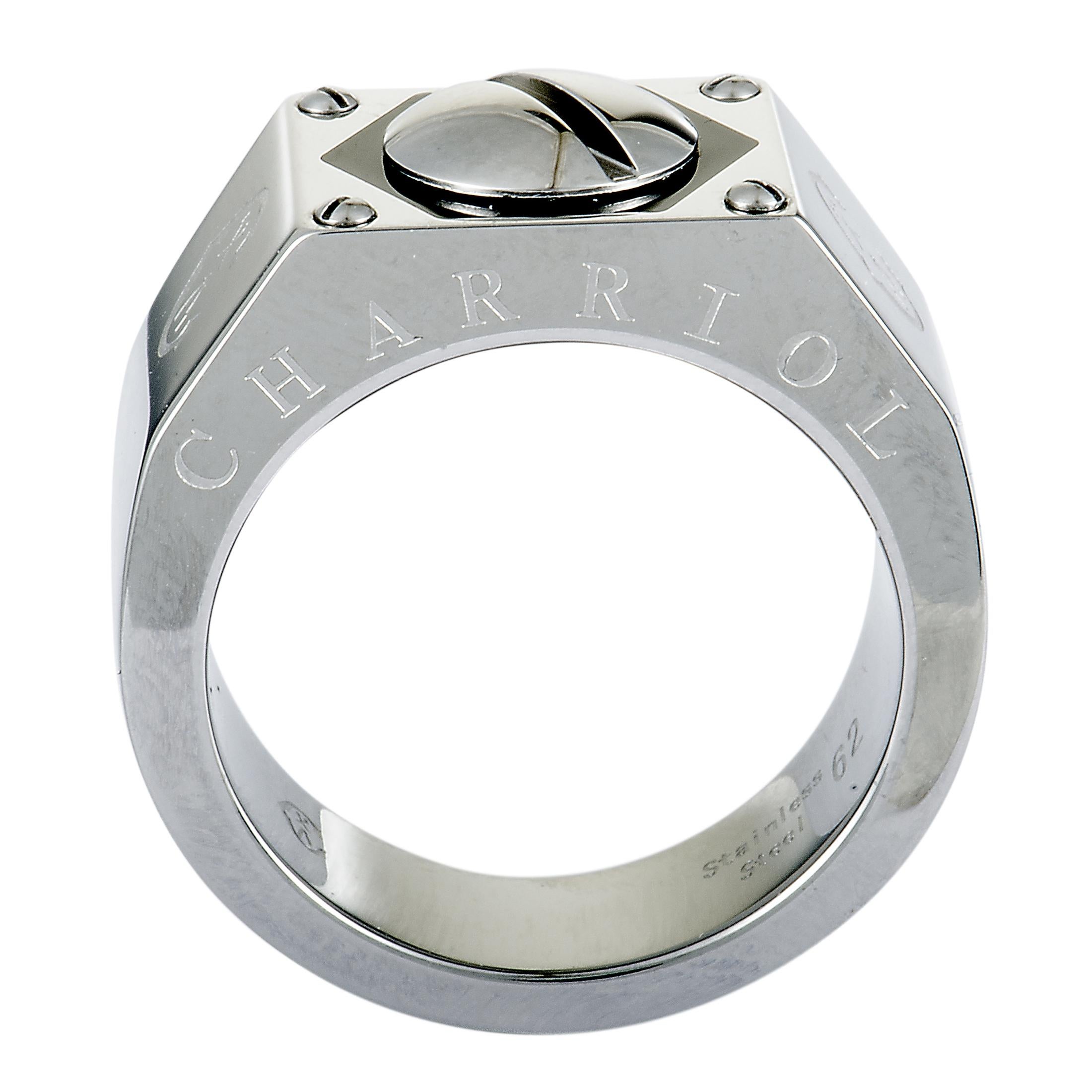 An exceptionally understated design is presented in robust fashion in this superb “Rotonde” ring that is created by Charriol. The ring is masterfully crafted from stainless steel.
 Ring Top Dimensions: 13mm x 12mm