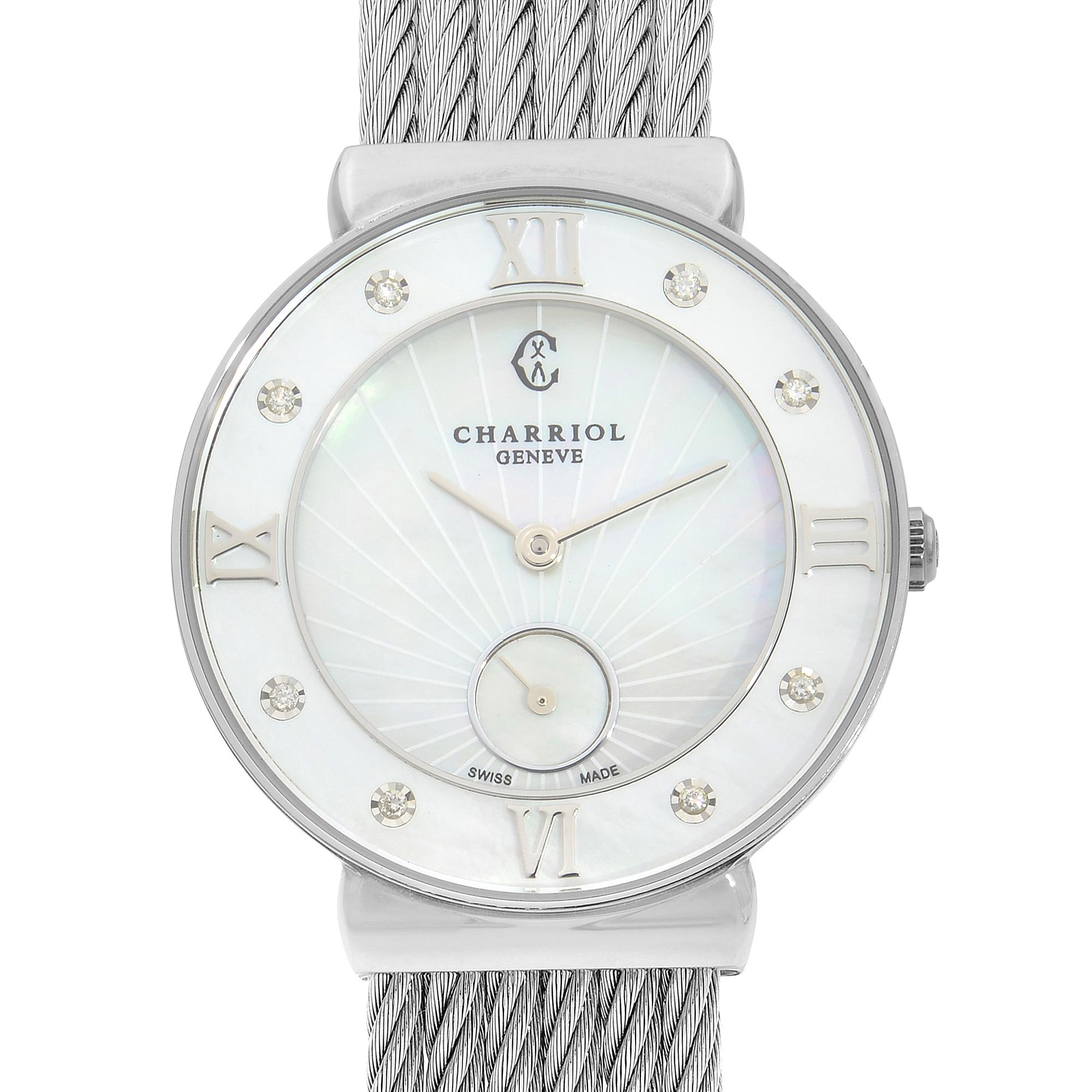 This display model Charriol St Tropez ST30SD.560.008 is a beautiful Ladie's timepiece that is powered by quartz (battery) movement which is cased in a stainless steel case. It has a round shape face, diamonds, small seconds subdial dial and has hand