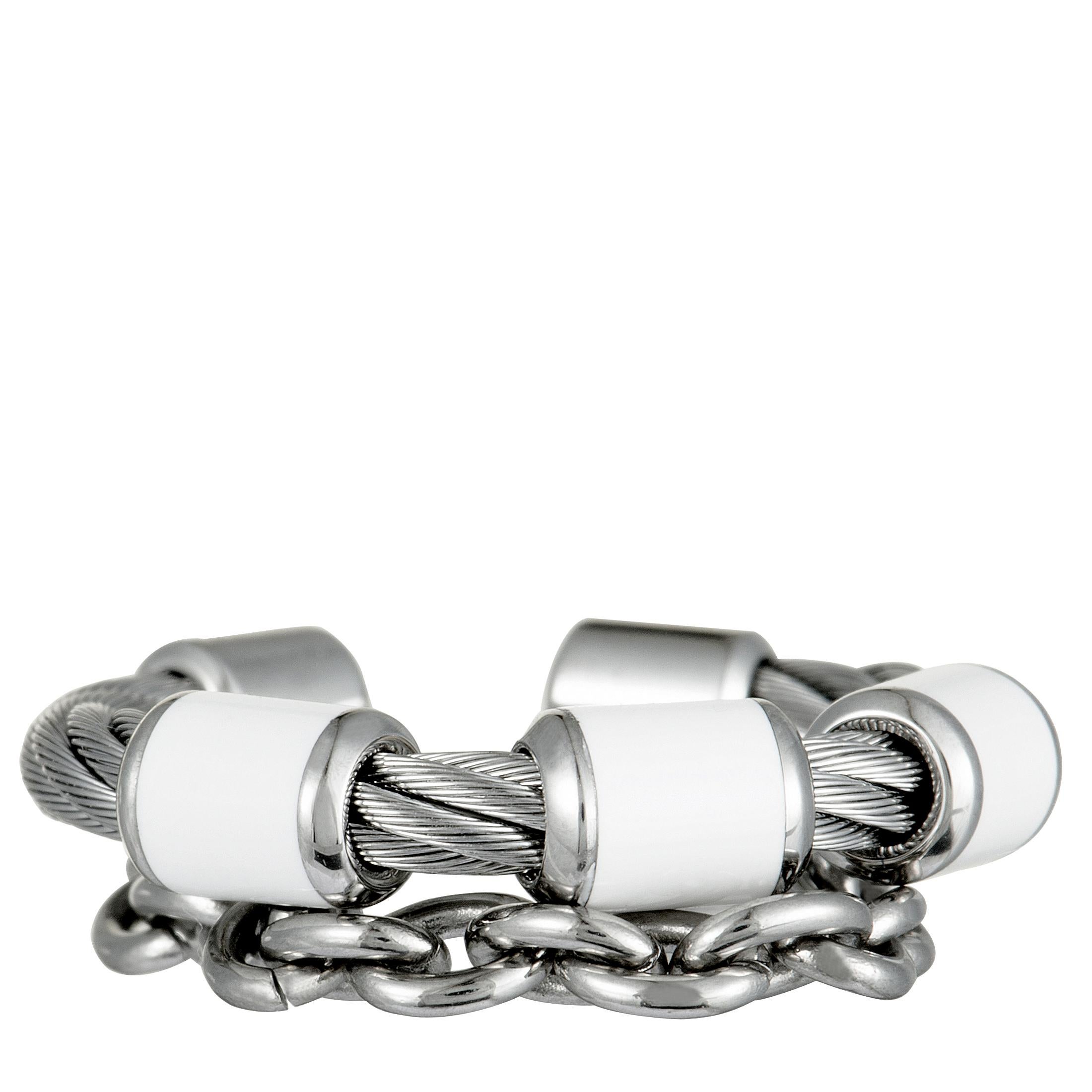 Charriol St. Tropez Stainless Steel White Enamel Cable and Chain Band Ring 1