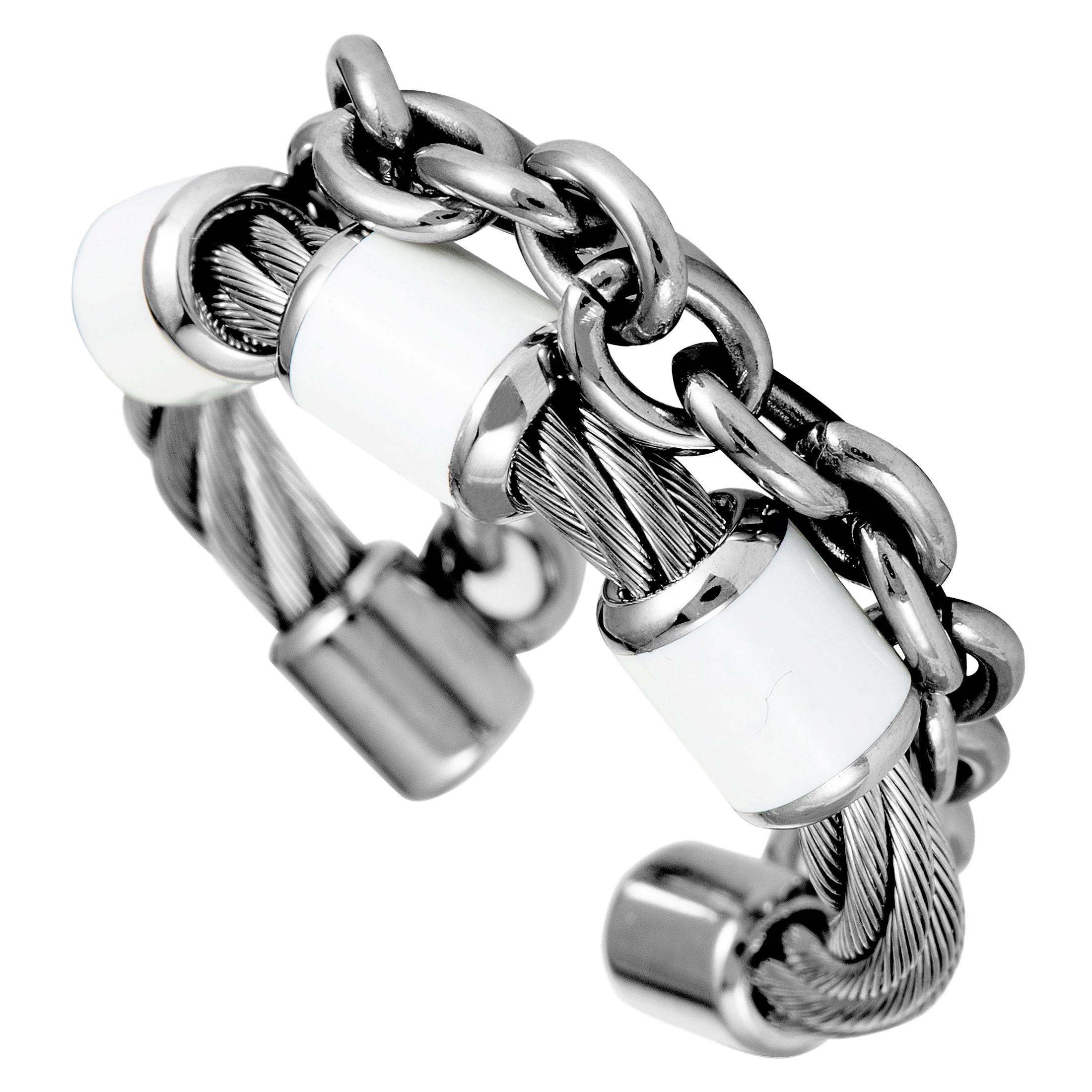 Charriol St. Tropez Stainless Steel White Enamel Cable and Chain Band Ring