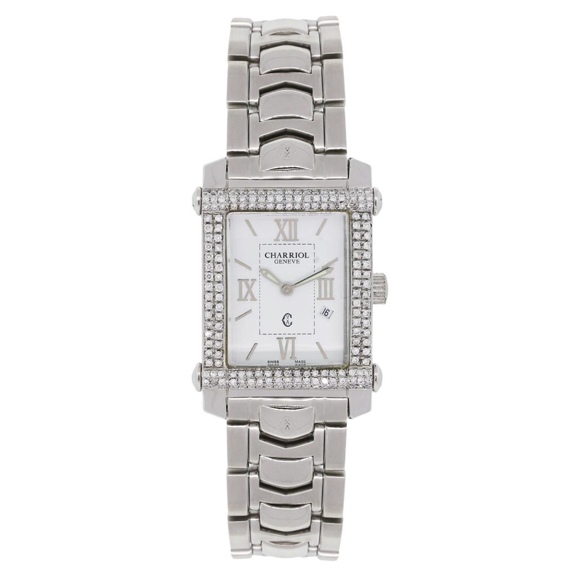 Brand: Charriol
MPN: CCSTRH2
Model: Colvmbus
Case Material: Stainless Steel
Case Diameter: 25mm x 34mm
Crystal: Sapphire
Bezel: Round brilliant diamond pave bezel. Diamonds are G in color and VS1 in clarity
Dial: White roman dial with date window