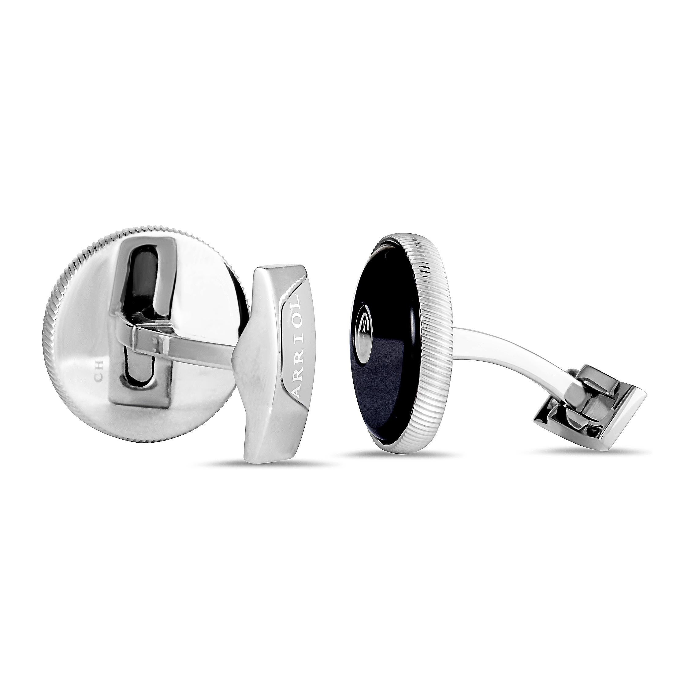 Charriol Stainless Steel Onyx Round Cufflinks In New Condition In Southampton, PA