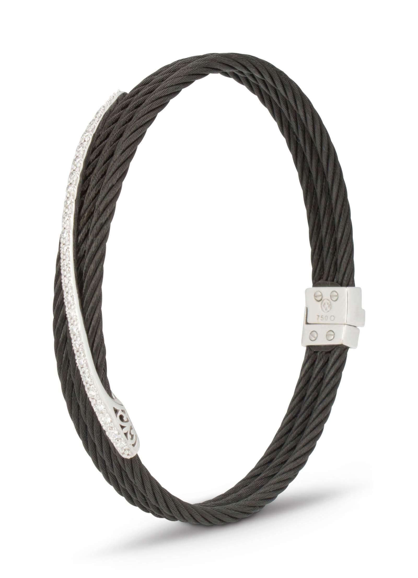 Authentic Charriol bangle bracelet crafted in black PVD stainless steel and featuring a band of round-cut diamonds set in 18 karat white gold.  There are 26 diamonds weighing an estimated .26cttw.  Minor areas of color loss on the stainless steel