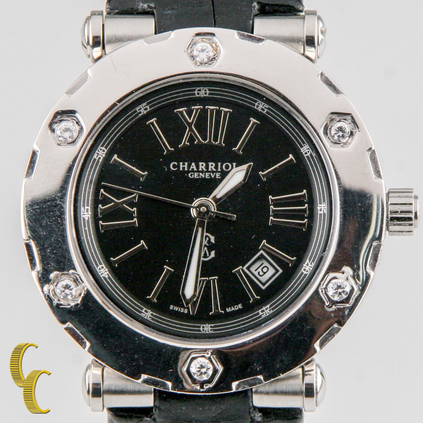 Charriol Stainless Steel Women's Colvmbvs Quartz Watch w/ Diamond Bezel
Model: Colvmbvs
Model #CCR30-1N

Stainless Steel Case w/ Diamond Bezel
29 mm Diameter (32 mm w/ Crown)
Lug-to-Lug Distance = 31 mm
Thickness = 6 mm

Black Dial w/ Silver Roman