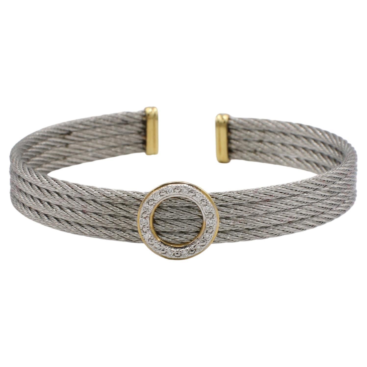 Bracelet manchette flexible en acier et or 18 carats avec 4 rangs de câbles et diamants naturels en vente