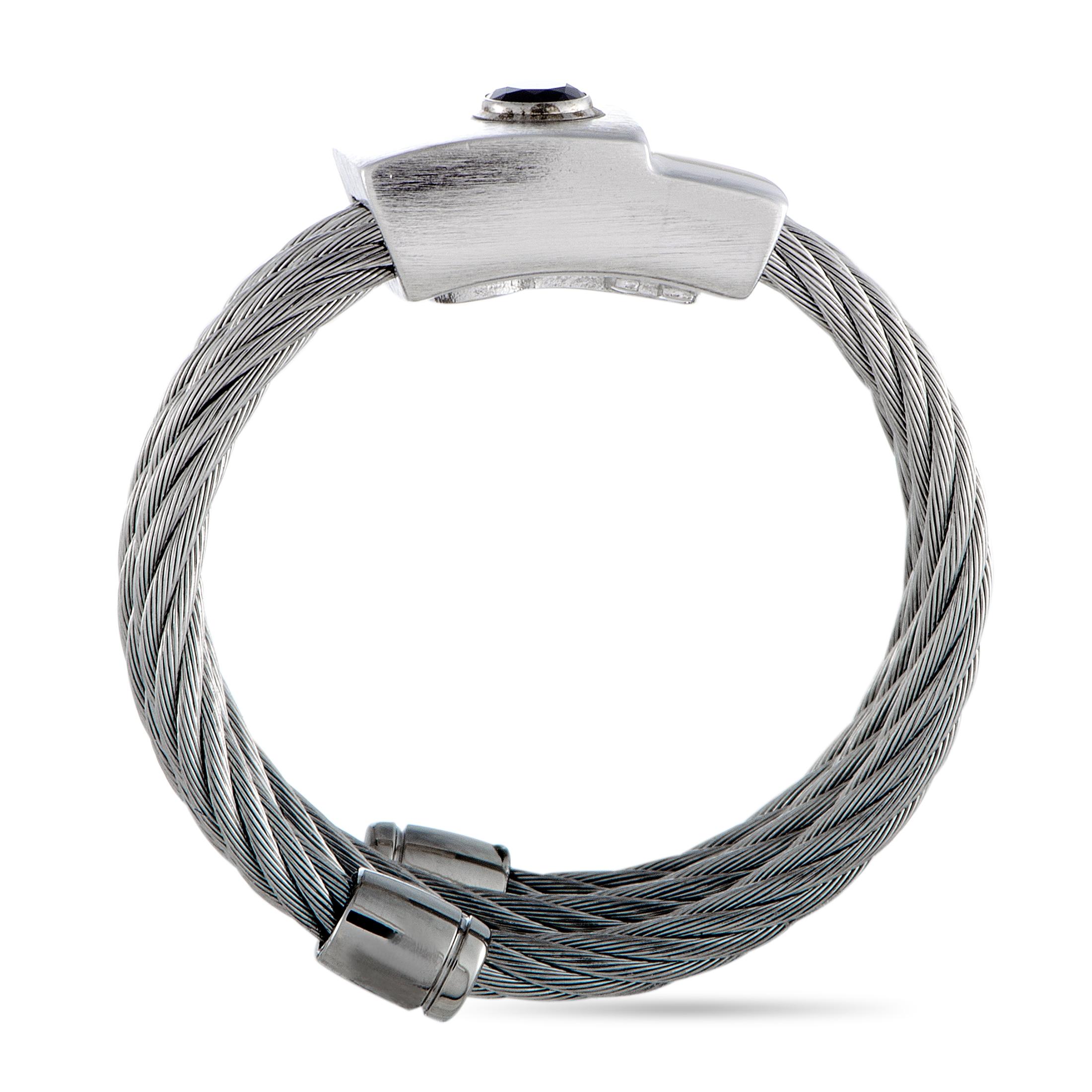 The ingenious cable motif gives an intriguingly offbeat appeal to this extraordinarily designed ring that is created by Charriol. The ring is expertly crafted from stainless steel and it weighs 5.8 grams.
 Ring Top Dimensions: 7mm x 12mm