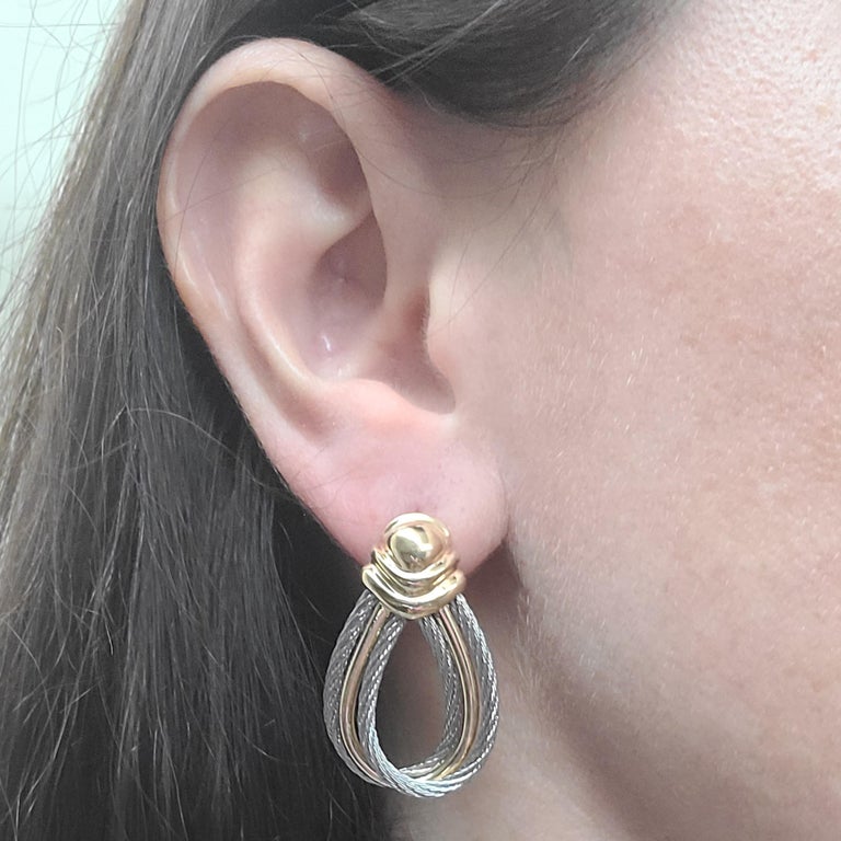 Charriol Yellow Gold and Steel Cable Drop Earrings For Sale at 1stDibs