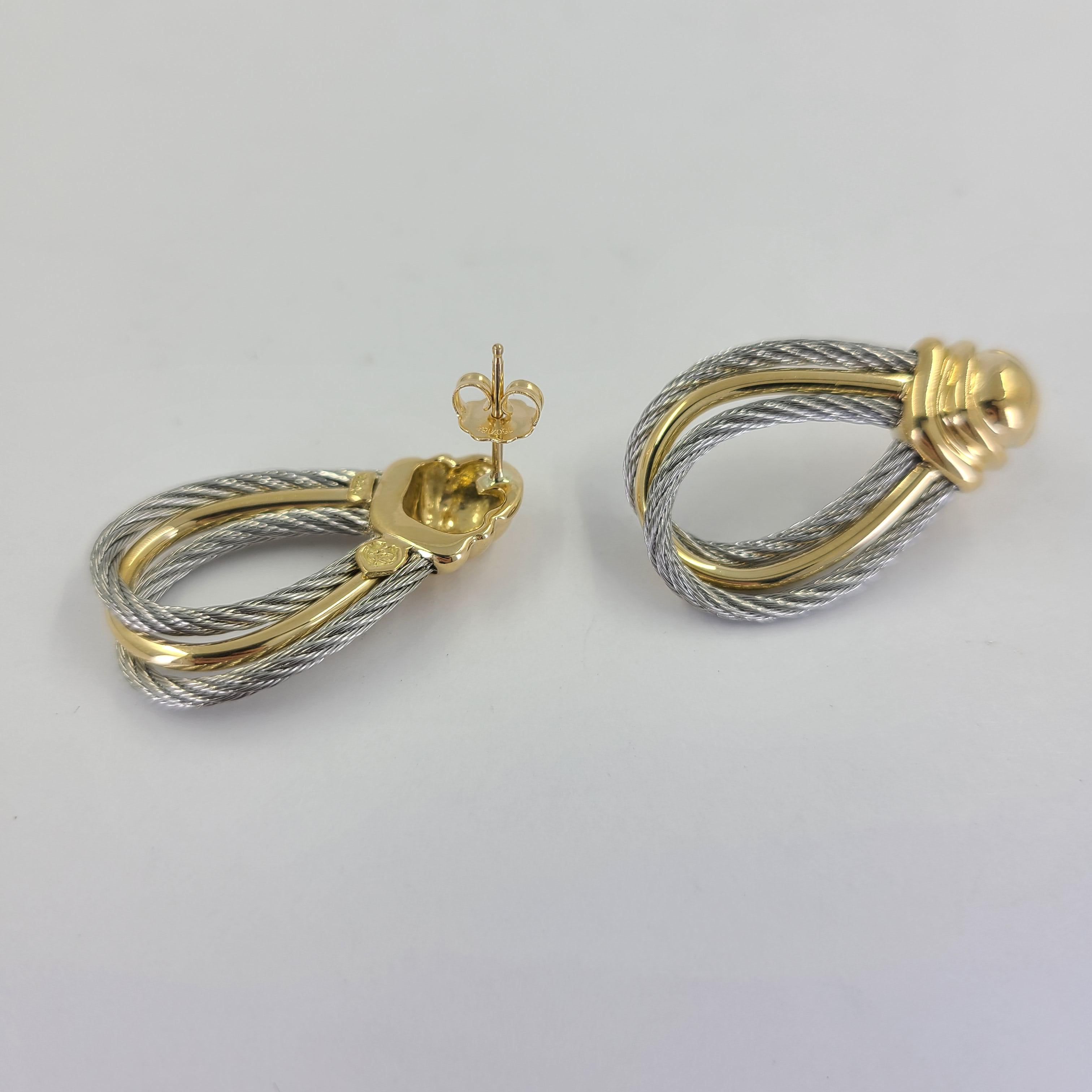 Charriol Yellow Gold & Steel Cable Drop Earrings In Good Condition For Sale In Coral Gables, FL