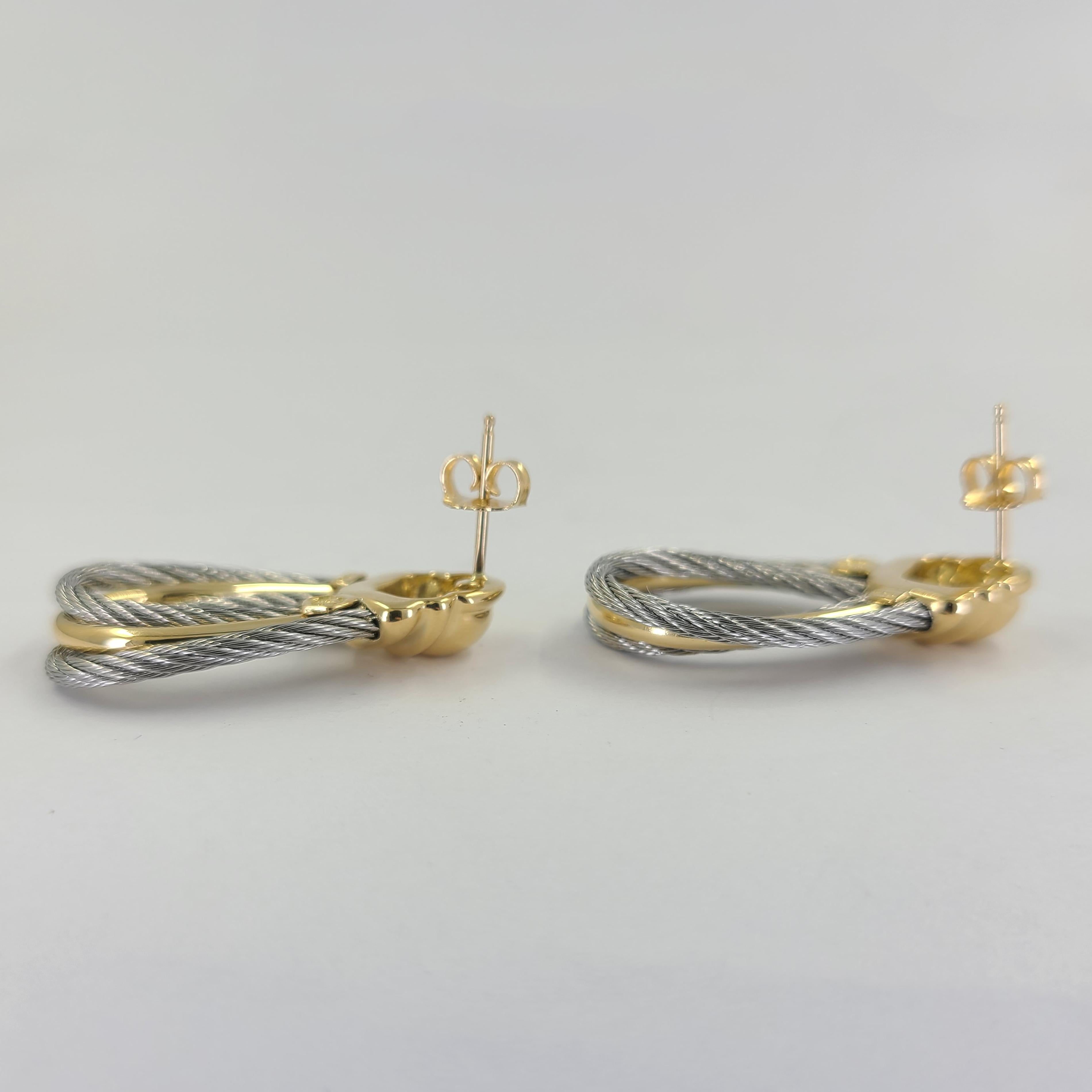Women's Charriol Yellow Gold & Steel Cable Drop Earrings For Sale