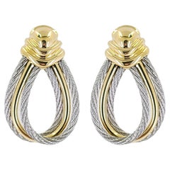 Vintage Charriol Yellow Gold & Steel Cable Drop Earrings