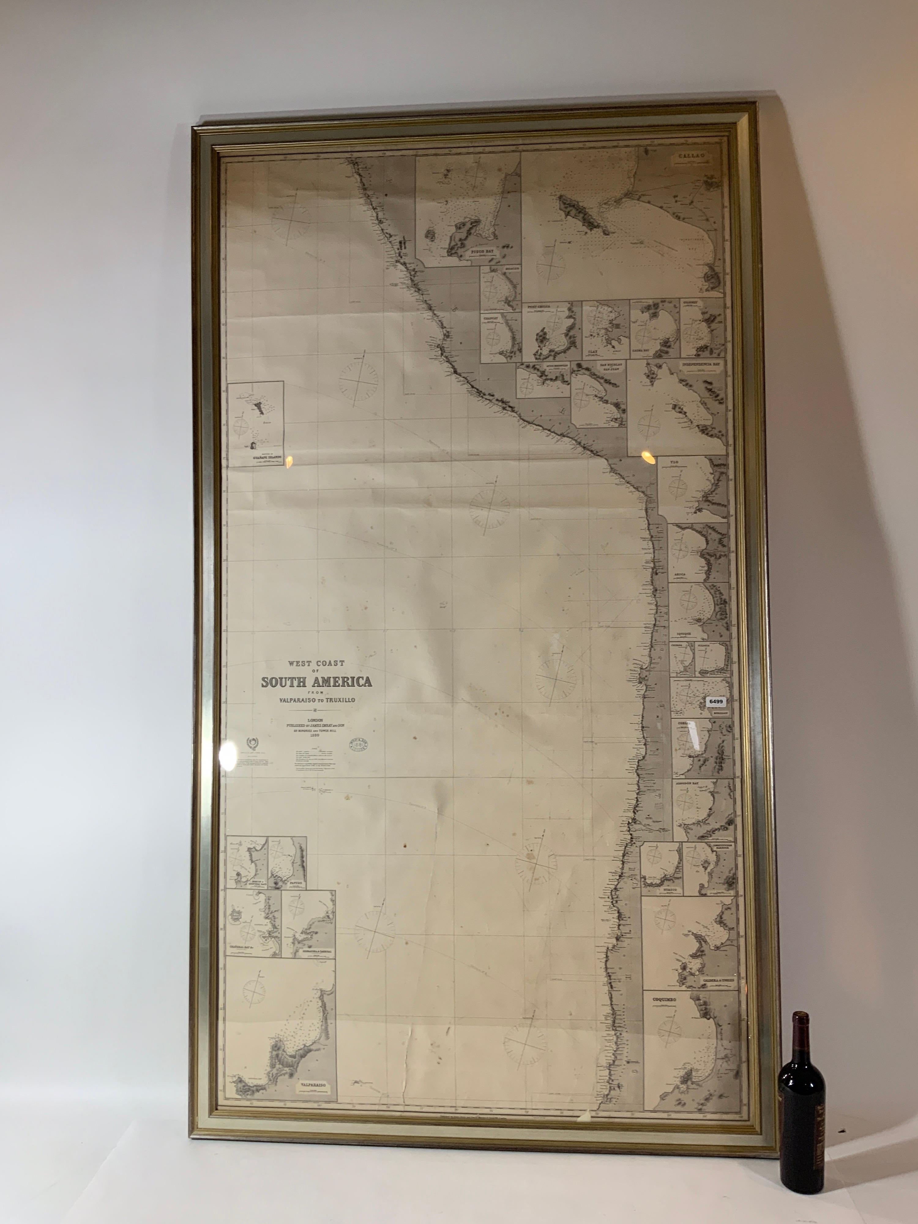 Carte de la côte ouest de l'Amérique du Sud compilée par James F. Imray et publiée en 1880. La carte représente la côte ouest de Valparaiso à Truxillo. Comprend les villes situées le long de la côte, y compris les îles Guanape. Une pièce massive et