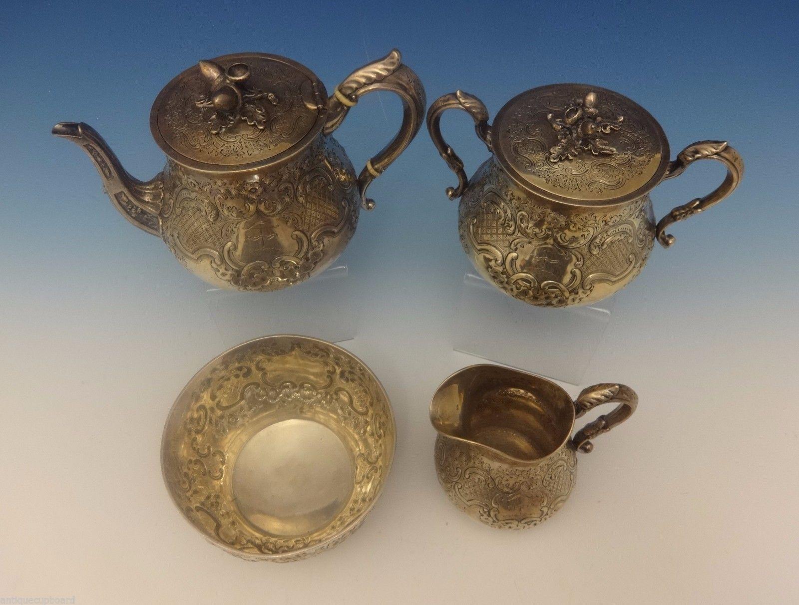 Américain Service à thé en argent Charters, Cann & Dunn de 4 pièces avec fleurons à glands en 3D