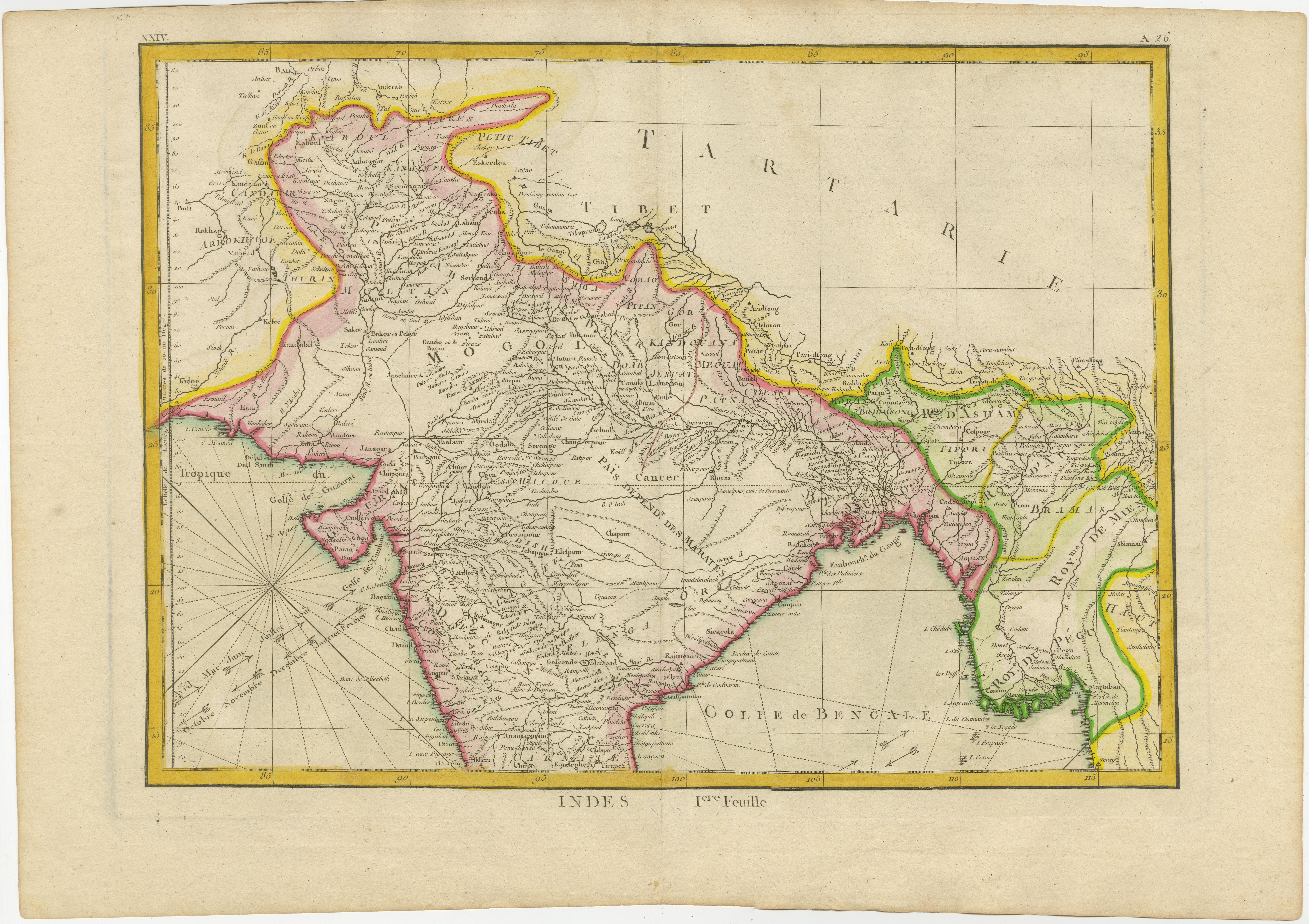 A voyage through history with an exquisite collection of Rigobert Bonne's 1770 maps, as featured in the coveted Atlas Moderne circa 1770. Each map, a cartographic treasure, captures the intricate dance of land and sea across the Indian subcontinent