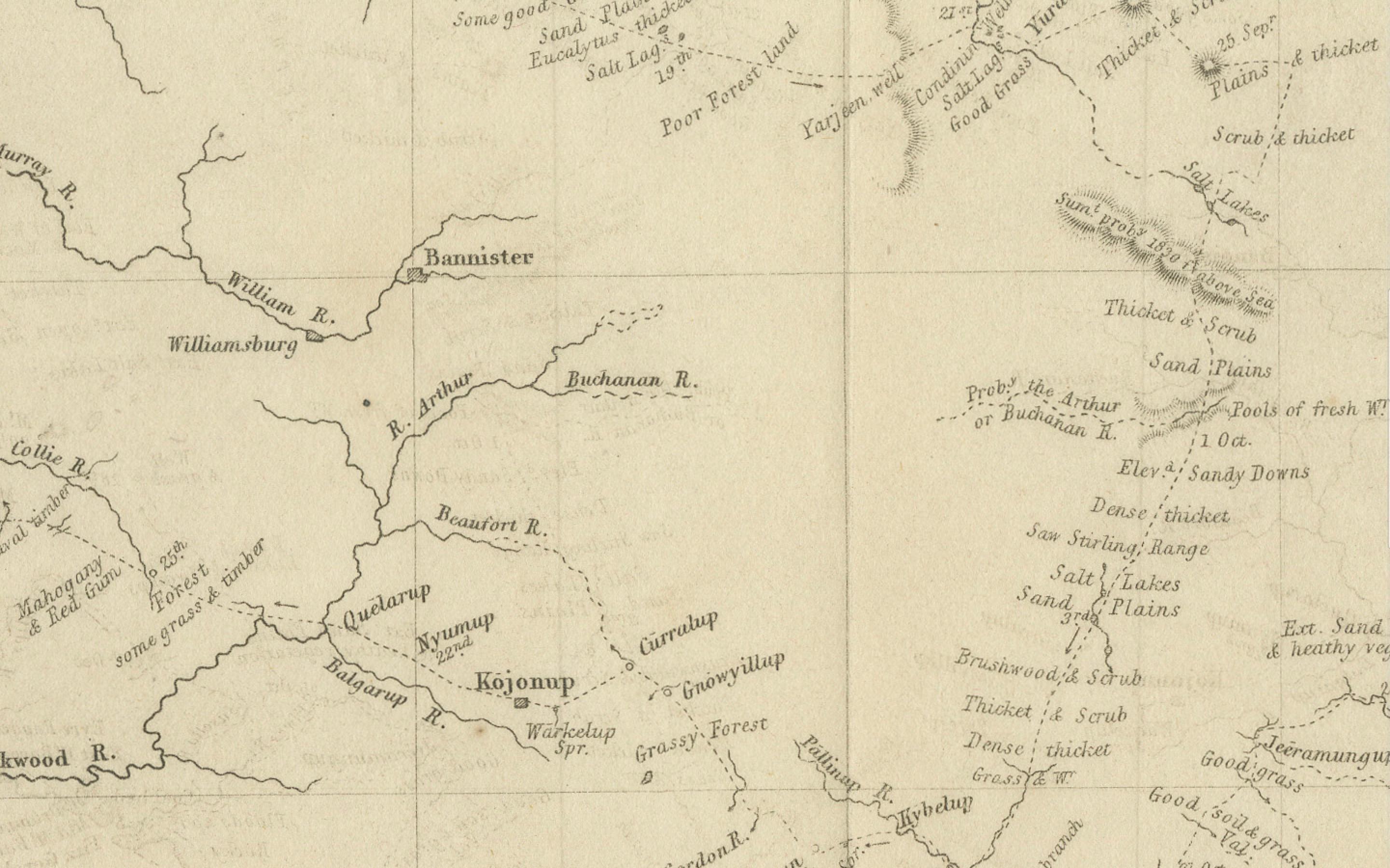 This map is a historical document, focused on Western Australia. It illustrates the route of an expedition under Surveyor General Roe from Perth to Russell Range during 1848 and 1849. 

The 1848-1849 expedition of John Septimus Roe to the Russell