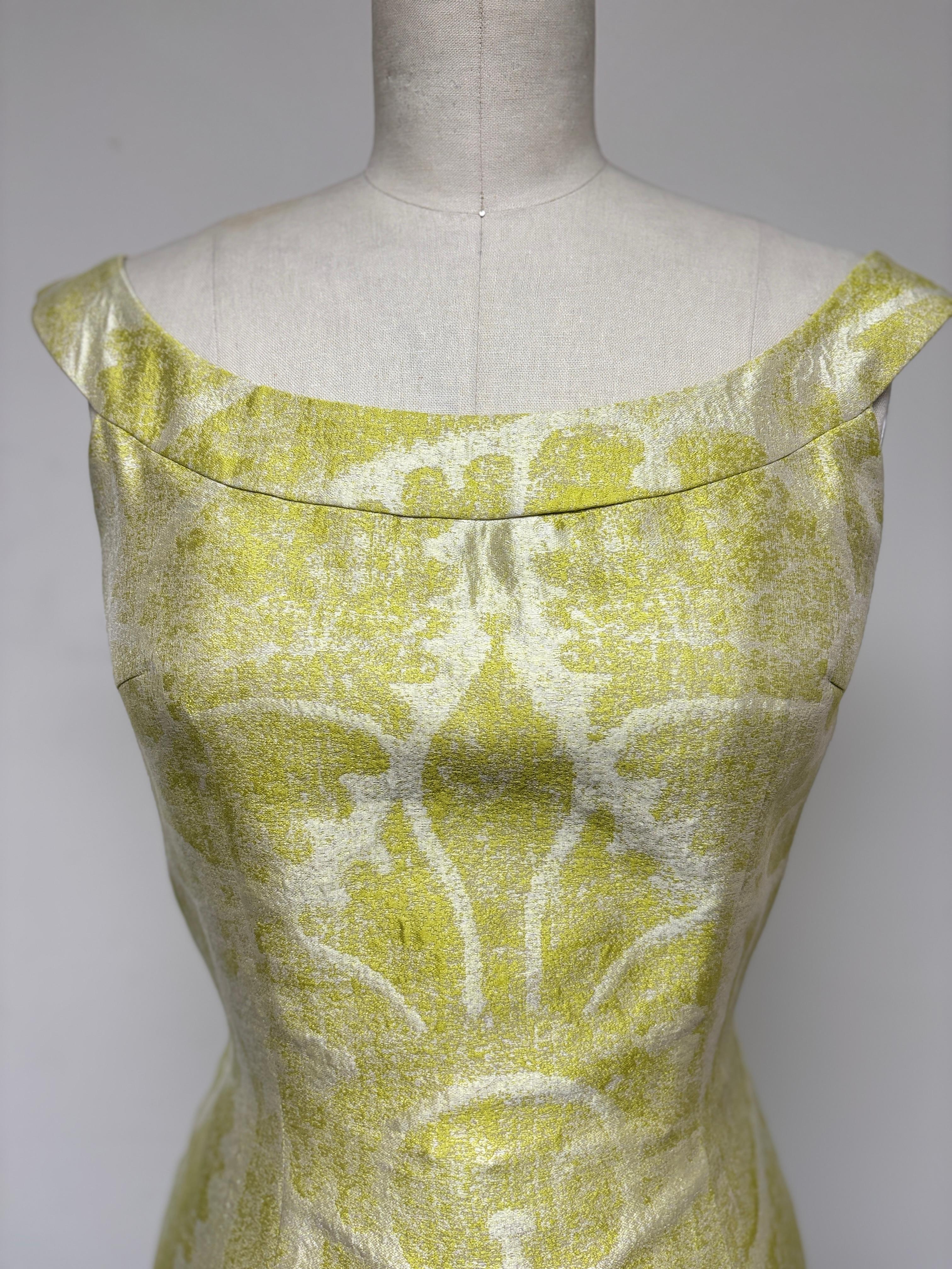 Brown Chartreuse and Pearl Abstract Fleur de Lis  Blouson Back Slim Dress