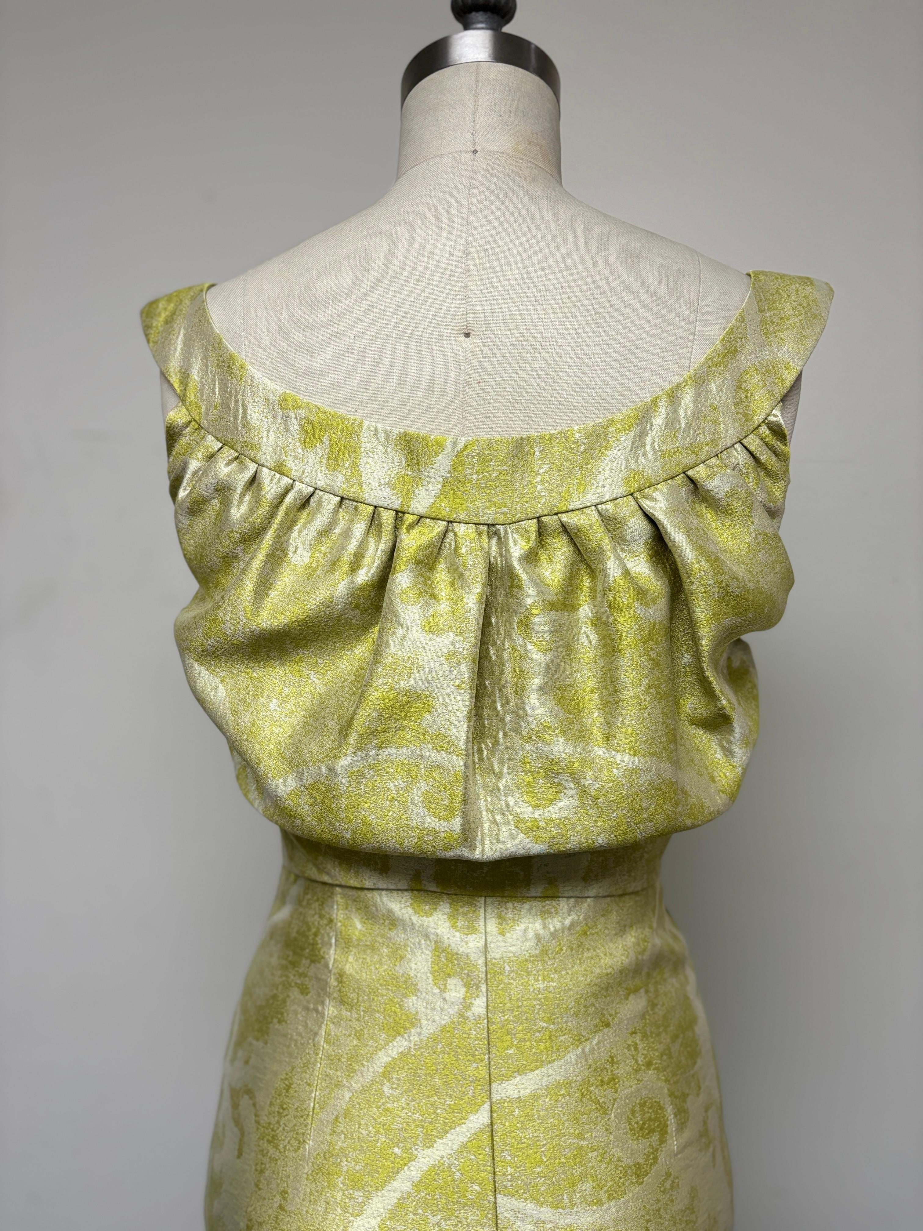 Chartreuse and Pearl Abstract Fleur de Lis  Blouson Back Slim Dress 1
