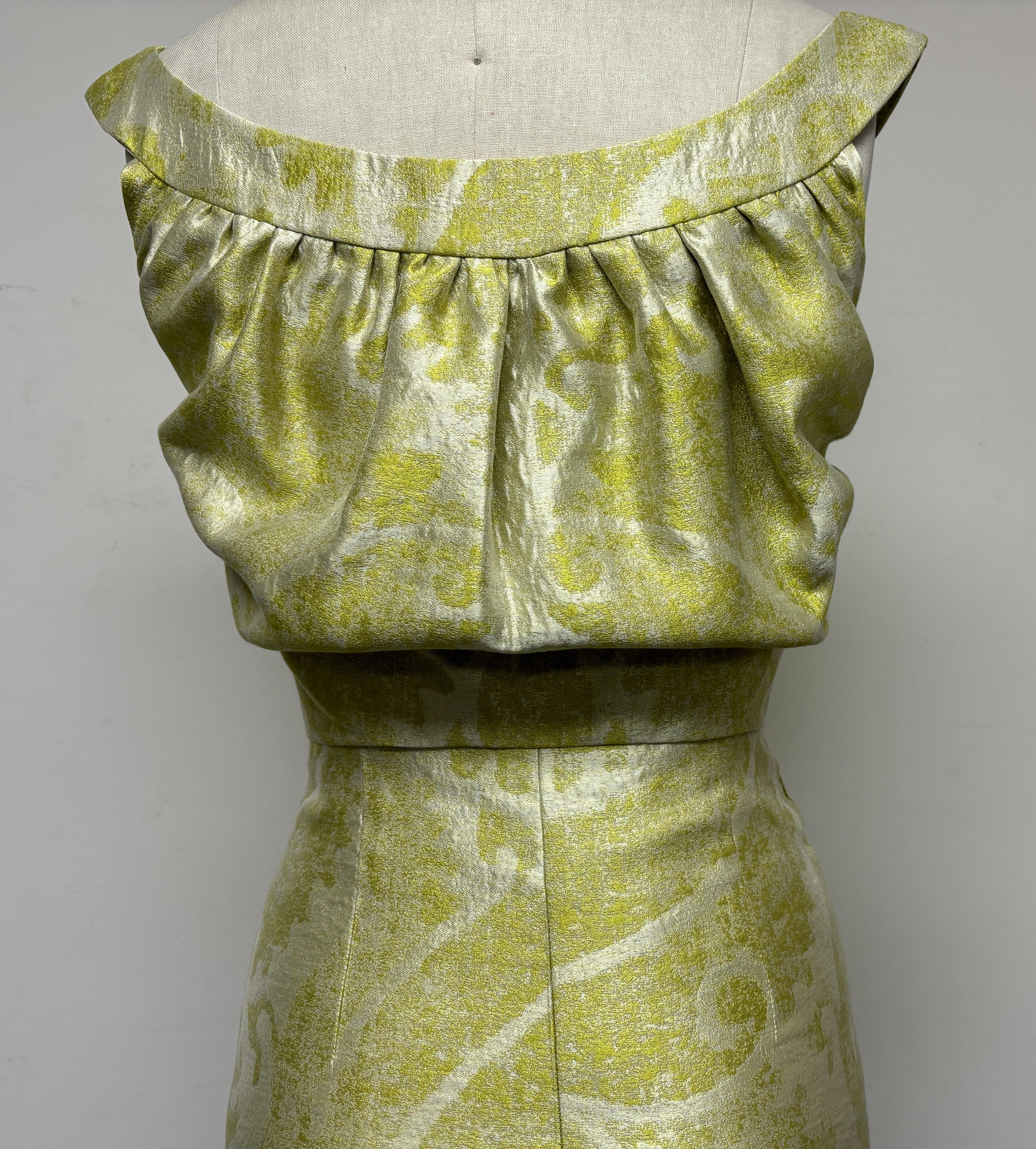 Chartreuse and Pearl Abstract Fleur de Lis  Blouson Back Slim Dress 2