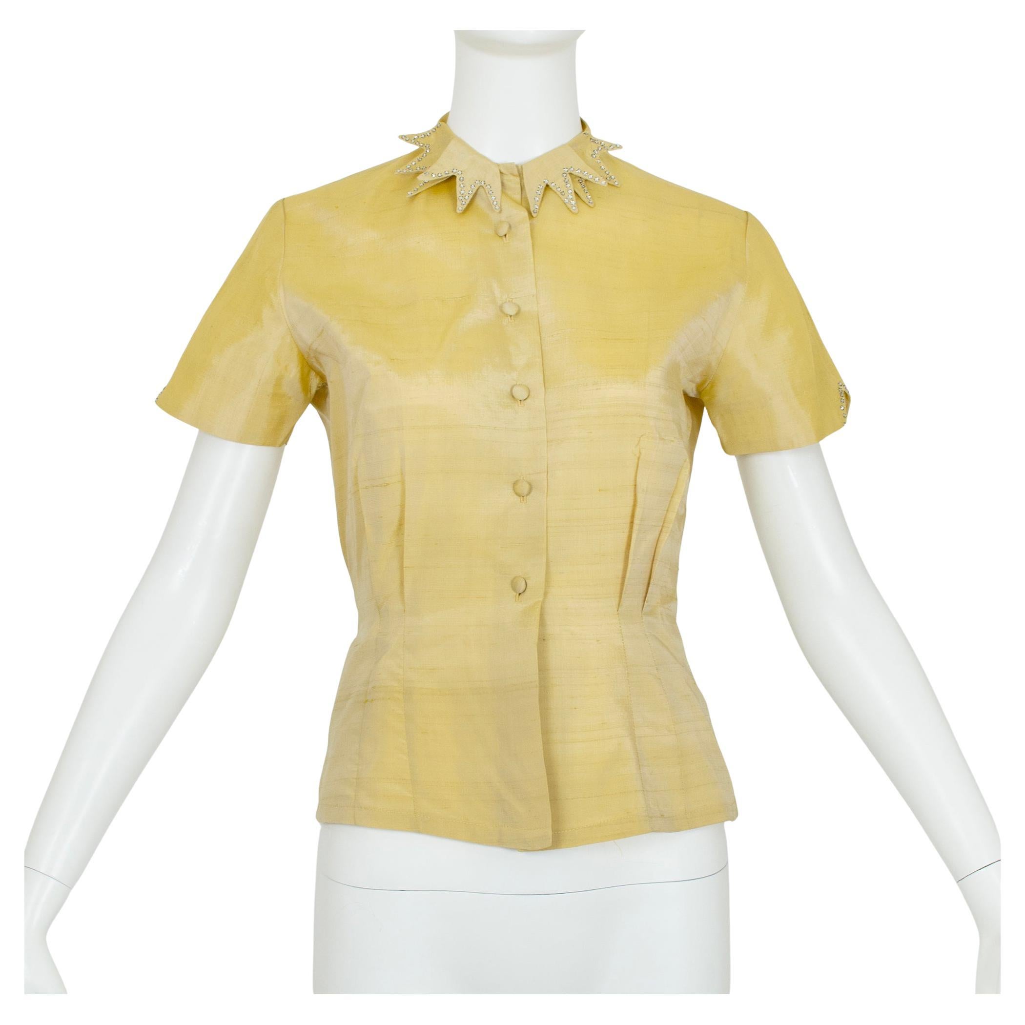 Camicia da campeggio dell'era atomica color chartreuse con colletto a stella con strass - XS, anni '50 in vendita